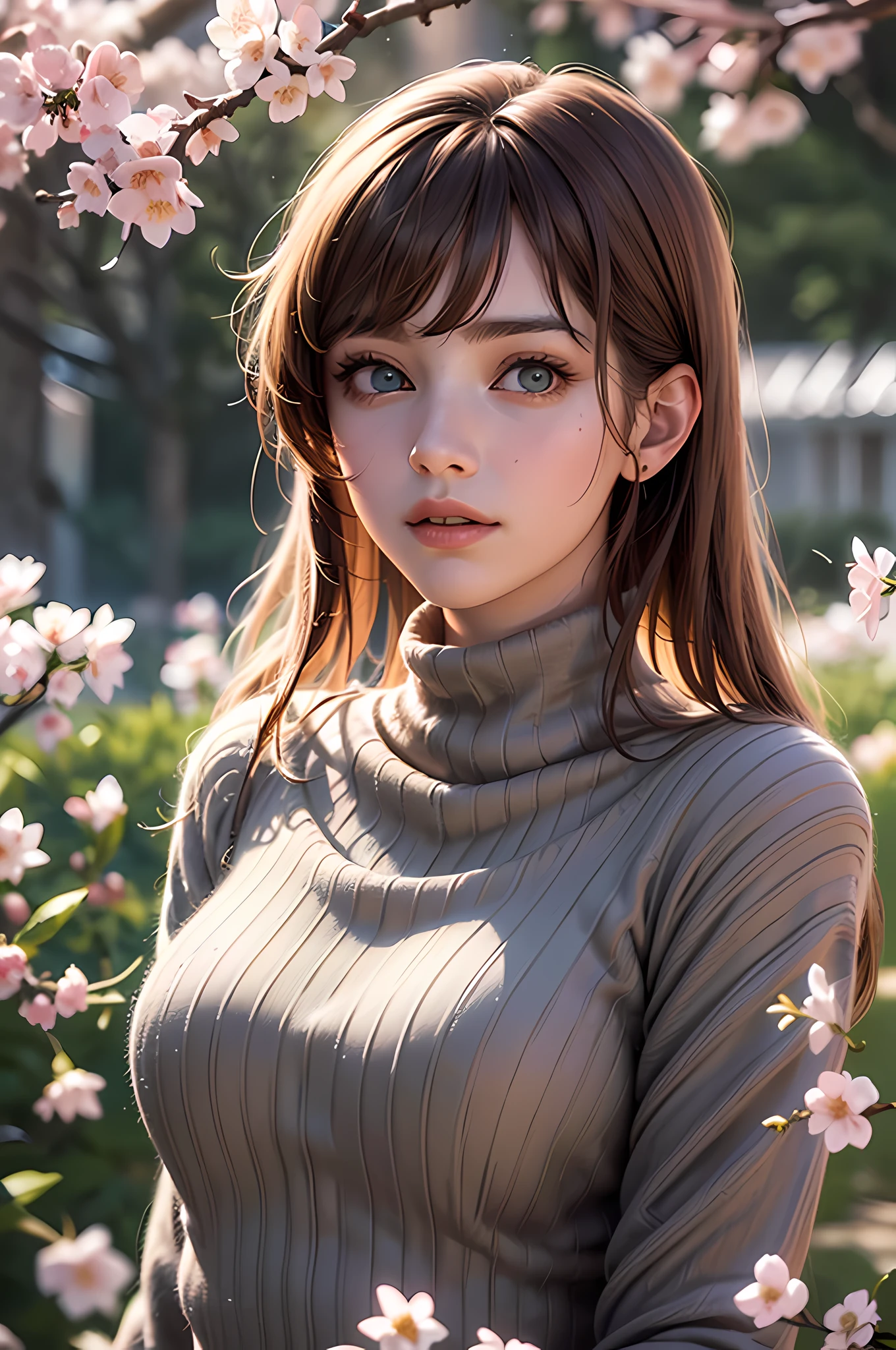 (Best Quality: 1.4), (Unparalleled Masterpiece), (Ultra High Definition), (Ultra Realistic 8k CG), (Photorealistic: 1.4), Realistic, Cinematic Light, 16 Year Old Girl, (1 Girl), Solo, , Cool Pose, Cherry Blossom, Perfect Body, Green Eyes, Light Brown Hair