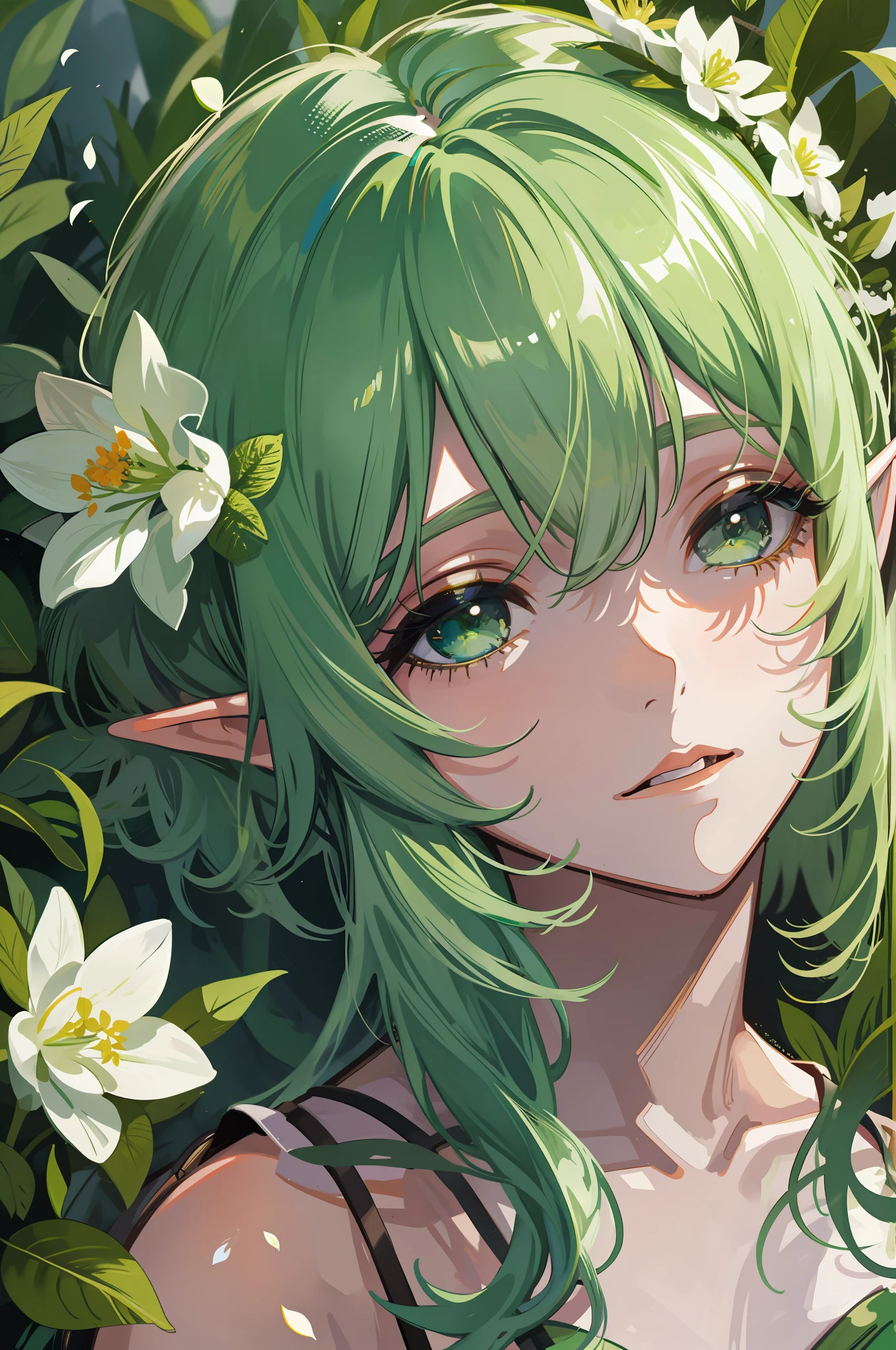 1 girl, very light grass green hair, close-up of face, elf, leaf slip dress, transparent elf wings, white flowers, forest stream