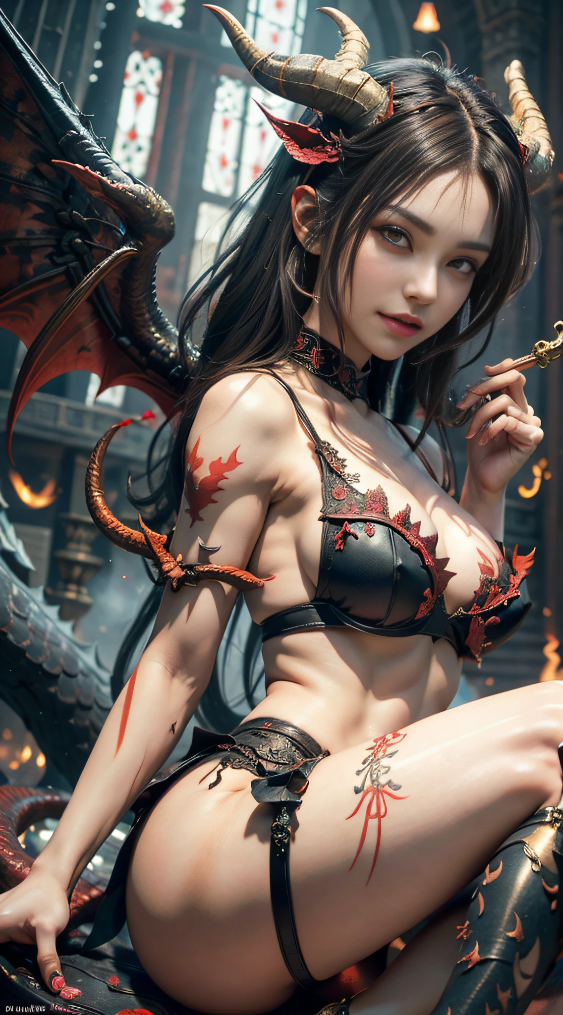 Masterpiece, best quality, ultra-detailed, enchanting facial features, succubus girl, sitting on a hellish demon, holding a skull, red demon wings and tail, black damask lace, dark painting style, bust