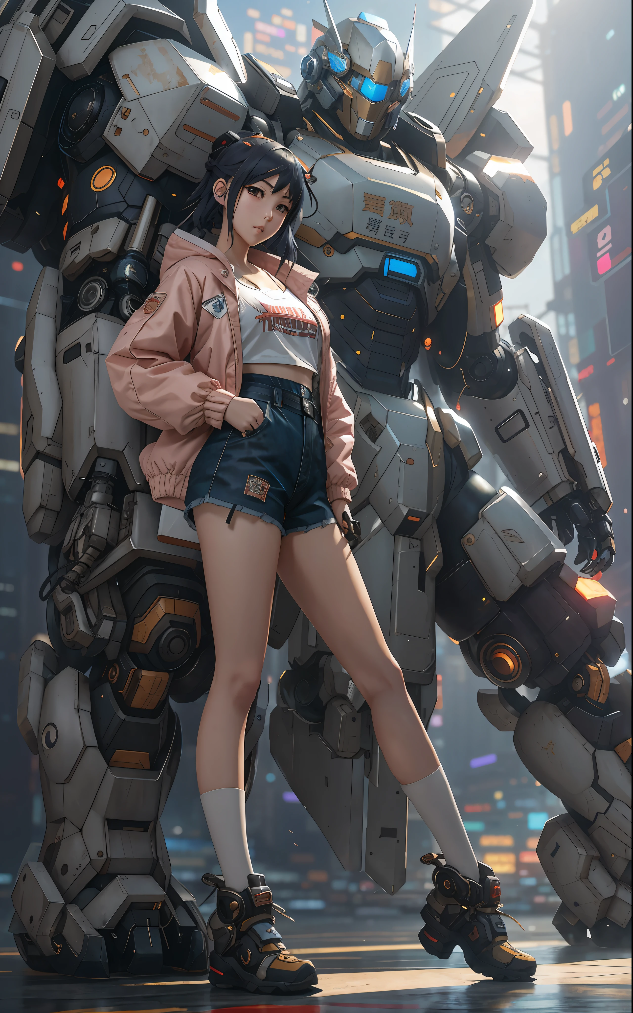 anime girl in short shorts and jacket standing next to giant robot, artwork in the style of guweiz, cyberpunk anime girl mech, trending on cgstation, guweiz, by Russell Dongjun Lu, digital cyberpunk anime art, ross tran 8 k, guweiz on artstation pixiv, girl in mecha cyber armor