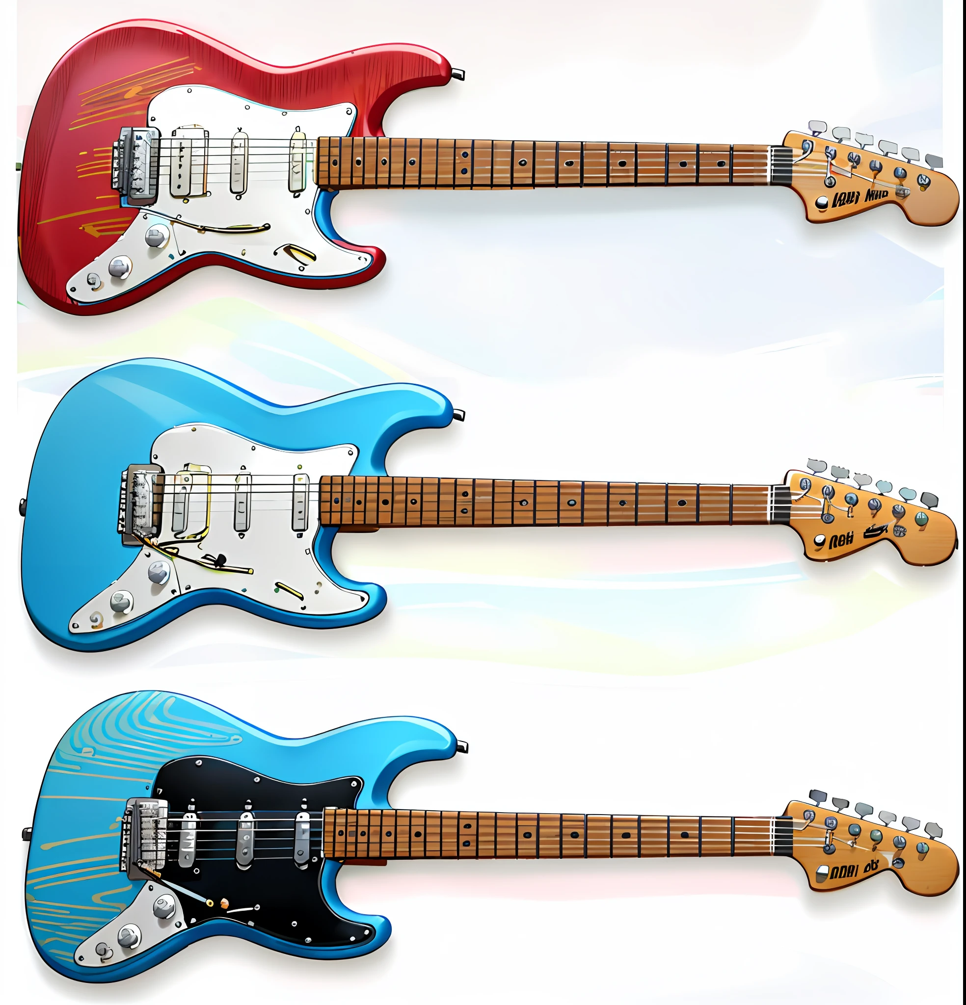 three electric guitars with a different color and shape, fender stratocaster, multiple guitars, electric guitars, 2021, 2 0 2 1, 2 0 2 0, 2020, detailed image, 2 0 1 9, 2019, 🪔 🎨;🌞🌄, octane fender, 2022, 2 0 2 2