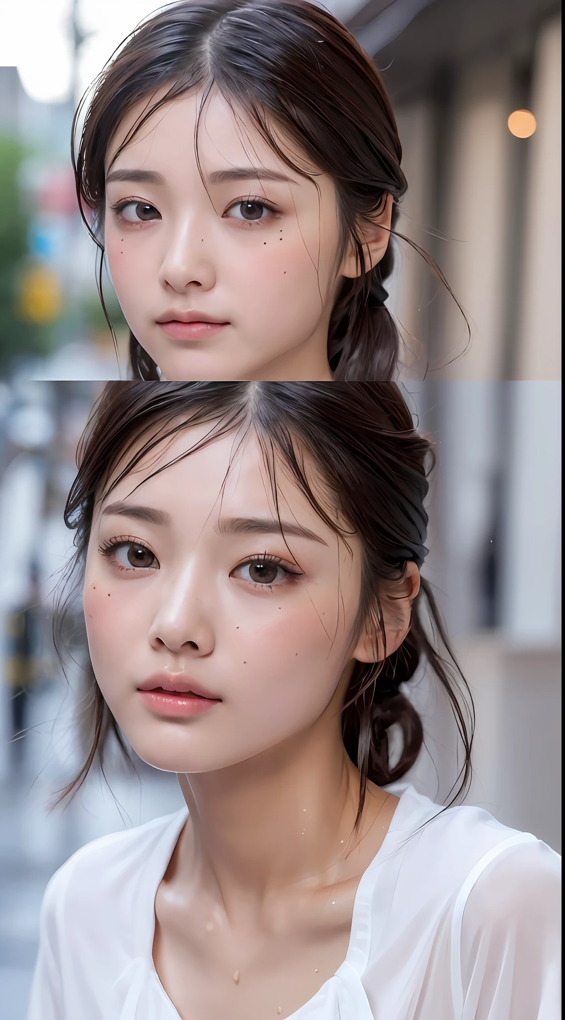 (Top Quality, 8K, Masterpiece: 1.3)), Sharp: 1.2, Perfect Body Beauty: 1.4, (Beautiful Japan Women)), ((Slim Abs: 1.2), ((Layered Hairstyle tied at the back, Small: 1.2)), (Wet White Button Long Shirt: 1.1), (Rain, Street: 1.8), Wet: 1.5, Highly detailed face and skin texture, delicate eyes, Double eyelids, blush, cute and playful, adorable, shy, , bitten expression, ultra-detailed face, detailed lips, detailed eyes, double eyelids, small moles: 1.01