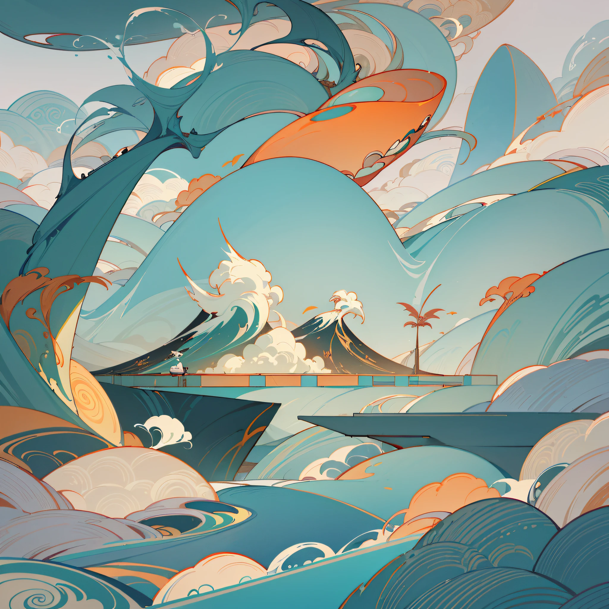 (Chinese landscape), abstract painting, (zen, Amy sol style), (broken bridge, smoke, back, blank), light abstract cover art, simple vector art, contemporary Chinese art, turquoise, dragon boat festival, boat, color gradient, pastel color palette, layered form, whimsical animation, style ethereal abstraction, 4K, --auto --v6 --s2