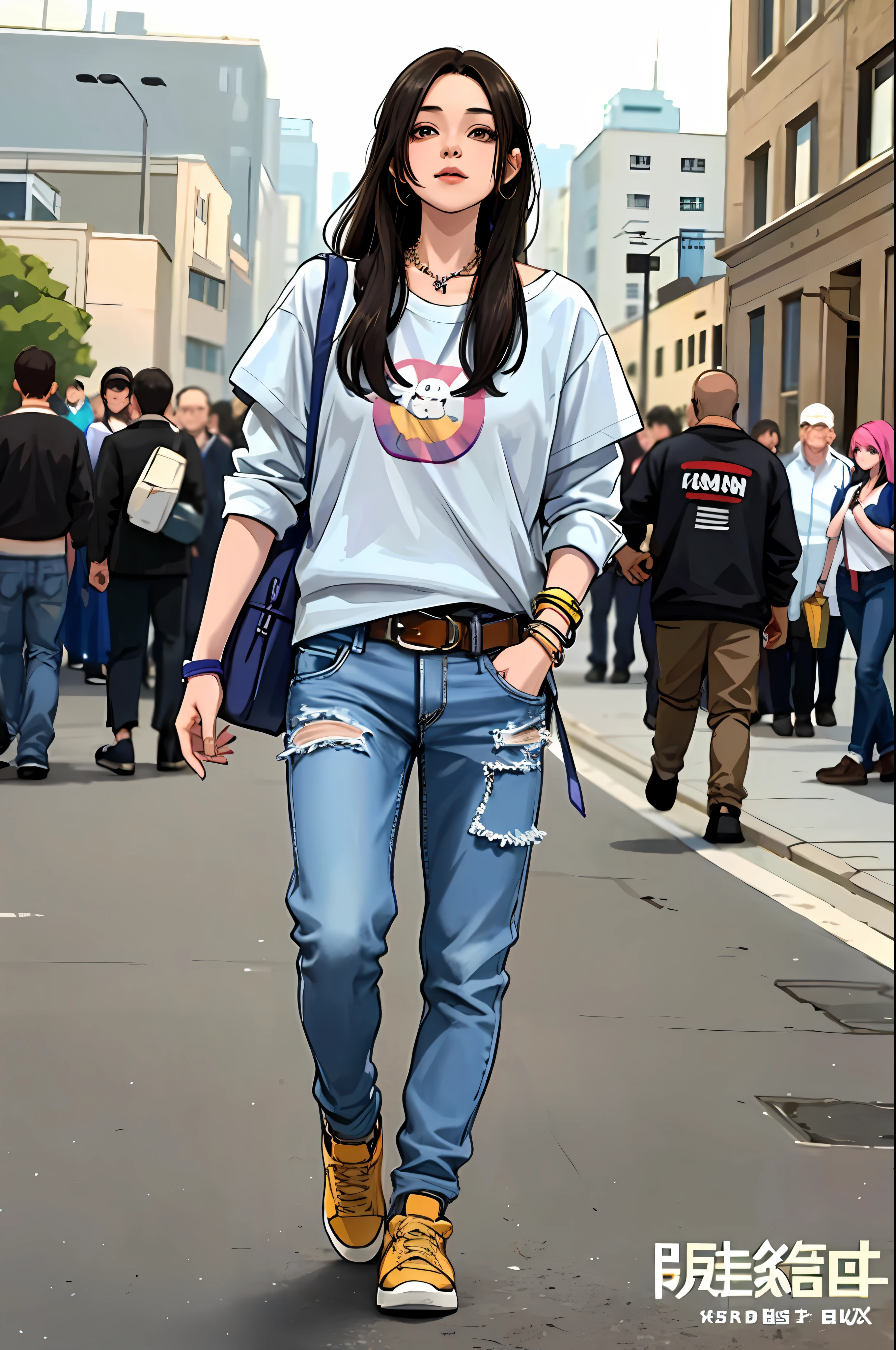 girl, vertical painting, natural light, global light, front view, fashion, pattern, fashion, trendy brand, tank top, shirt, long sleeves, bracelets, necklaces, suspenders, headsets, zippers, buttons, pattern, logo, pleats, jeans, belt, sophisticated, generate more details, tank top, t-shirt, trousers, sneakers, black backpack, modern, anime style, anime, modern, futuristic, first-person perspective, panorama, concept art, uhd, masterpiece, ccurate, super detail, high detail, high quality , Best Quality, High Resolution, No Background, White Background