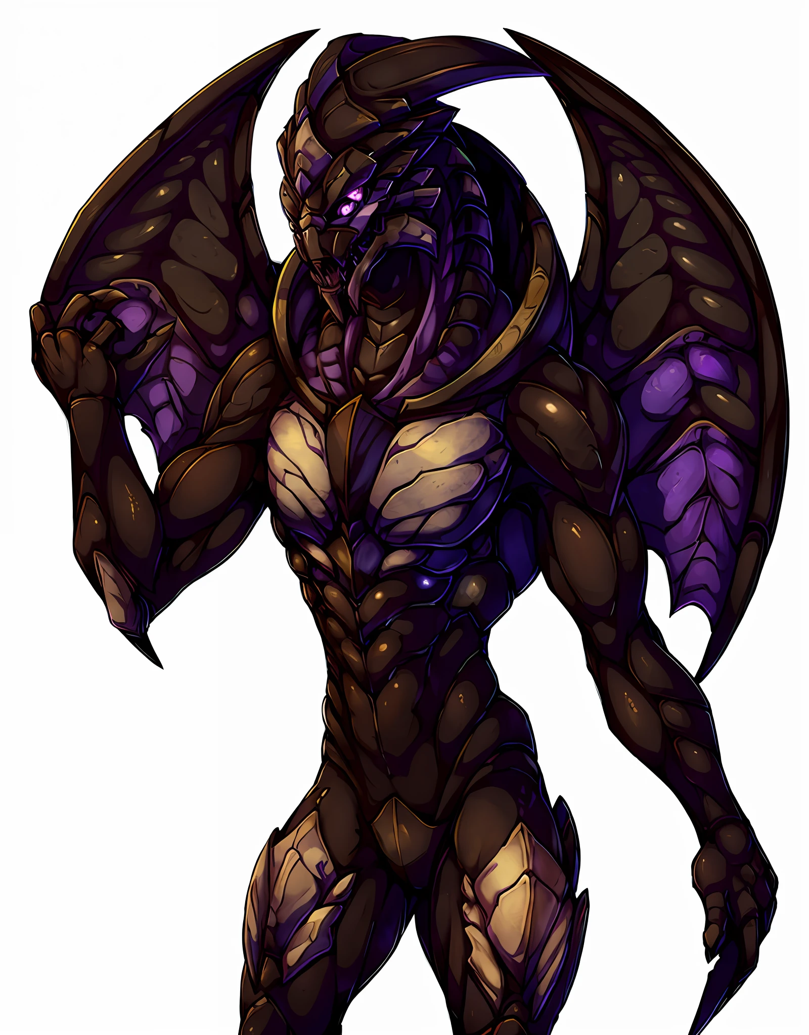 award winning, masterpiece, 1male, male, solo, solo focus, fullbody, dark brown body, random color eyes, wearing no clothes, huge mutalisk wings, pustules of acid on body, turian, arthropod, zerg, hybrid, standing, portrait, open mouth, white background