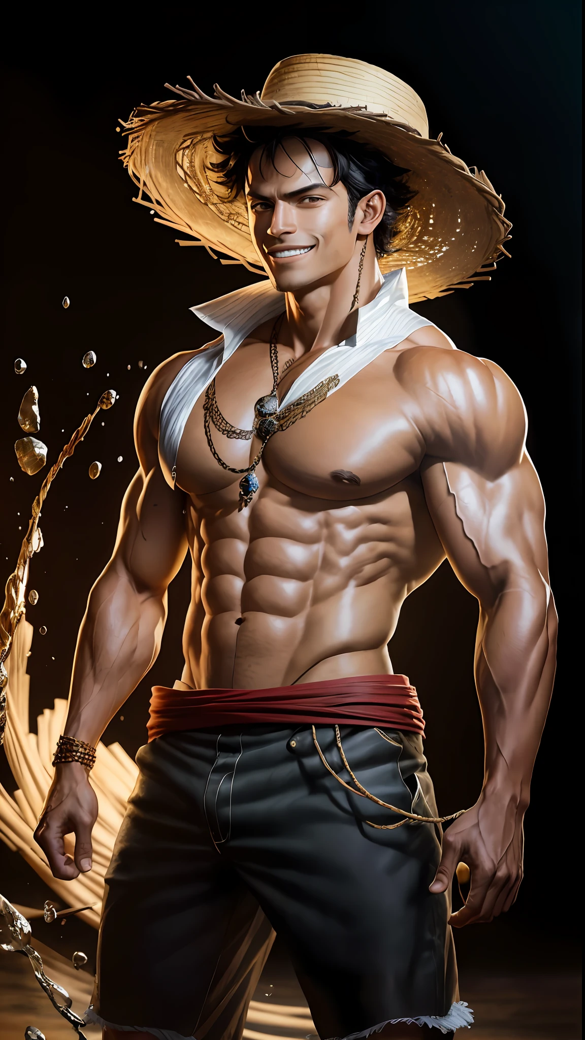 8k portrait of Monkey D. Luffy bodybuilder, intricate,wearing a straw hat, smiling, elegant, highly detailed,full body, majestic, digital photography, art by artgerm and ruan jia and greg rutkowski, black hair, black eyes, (detailed eyes) broken glass (masterpiece, side lighting, beautiful finely detailed eyes: 1.2), hdr,