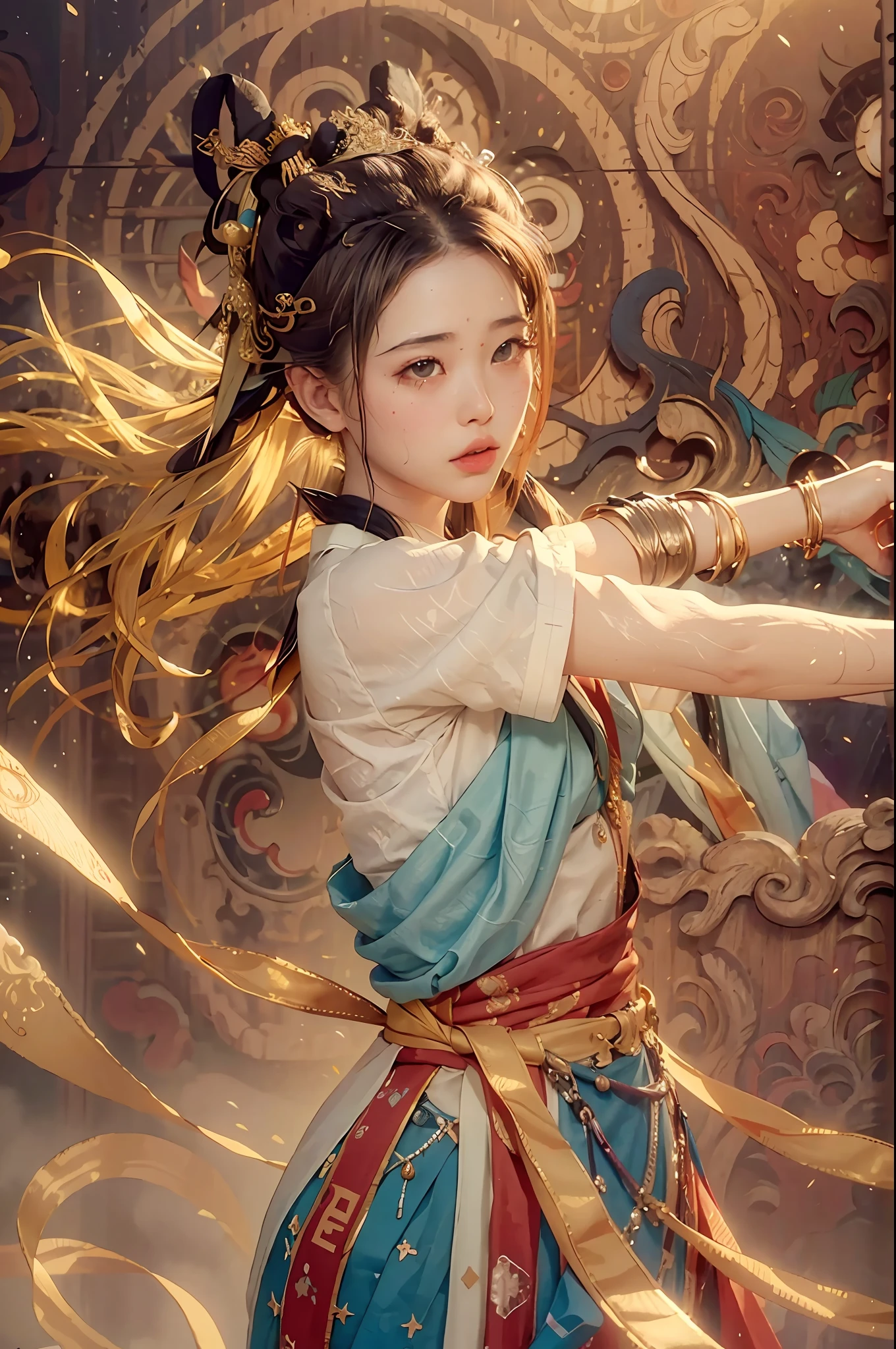 (RAW Photo, Best Quality), (Realistic, Photo Realistic: 1.3), Best Quality, Highly Detailed, Masterpiece, Hyperdetail, Illustration, 1 Girl, upper_body, Dynamic Angle, World Masterpiece Theater, messy_long_hair, Best Quality, Extremely Detailed CG Uniform 8k Wallpaper, Ink, Amazing, Cinematic Lighting, lens_flare, Sadness, Crying, dunhuang_style