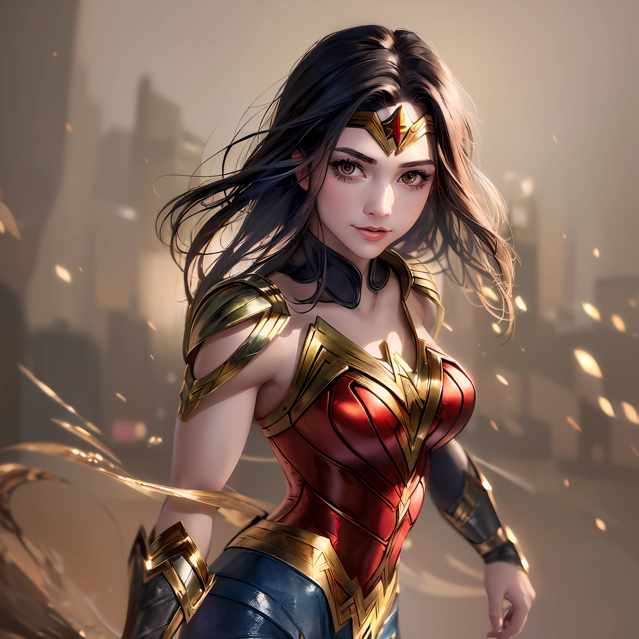 (Extreme Detail CG Unity 8K wallpaper, masterpiece, highest quality), (Exquisite light and shadow, photo, Cinematic lens effect), (Wonder Woman: 1.1), charming smile, double tail, shame expression, vibrant eyes, looking at the viewer with black hair --auto --s2