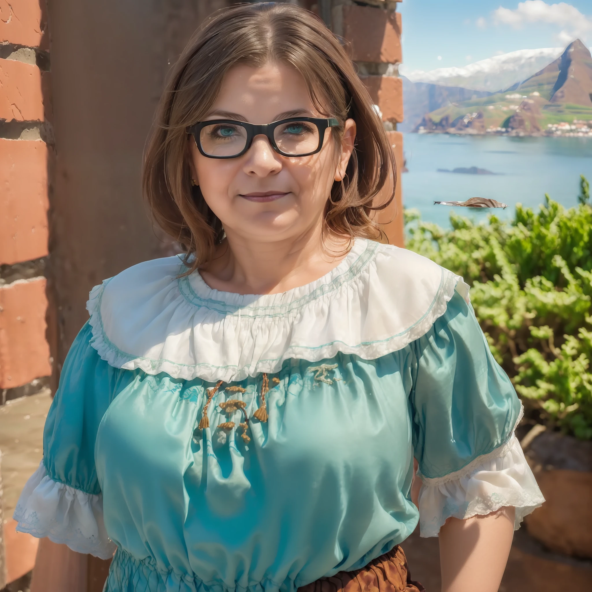(masterpiece: 1.2, best quality), realistic, (real image, intricate details, depth of field), best quality, masterpiece, highly detailed, (50-year-old woman:1.4), (alone in image:1.7), (chubby:1.1), (thinning hair, dark brown, medium length:1.7), typical Portuguese clothing, (green round dress:1.5), (typical white and red peasant blouse:1.5), Portugal, (Madeira Island:1.8), (sea in the background:1.9),  glasses, standing, smiling, looking at the camera, (no duplicity of people:1.8), (small breasts:1.5), breasts without volume, sea in the background, no construction behind
