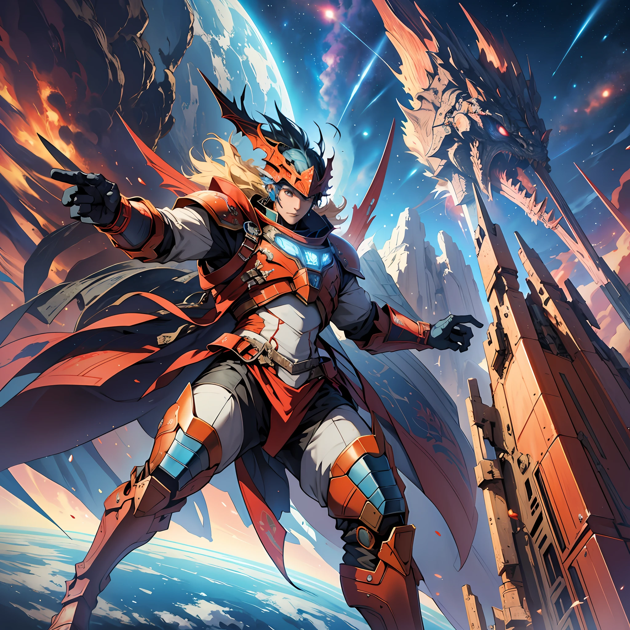 only a boy in helmet and armor flying to Mars on the back of a dragon with large red wings and bright blue scales faces attack from space pirate ships as he traverses an asteroid storm photo anime --auto --s2