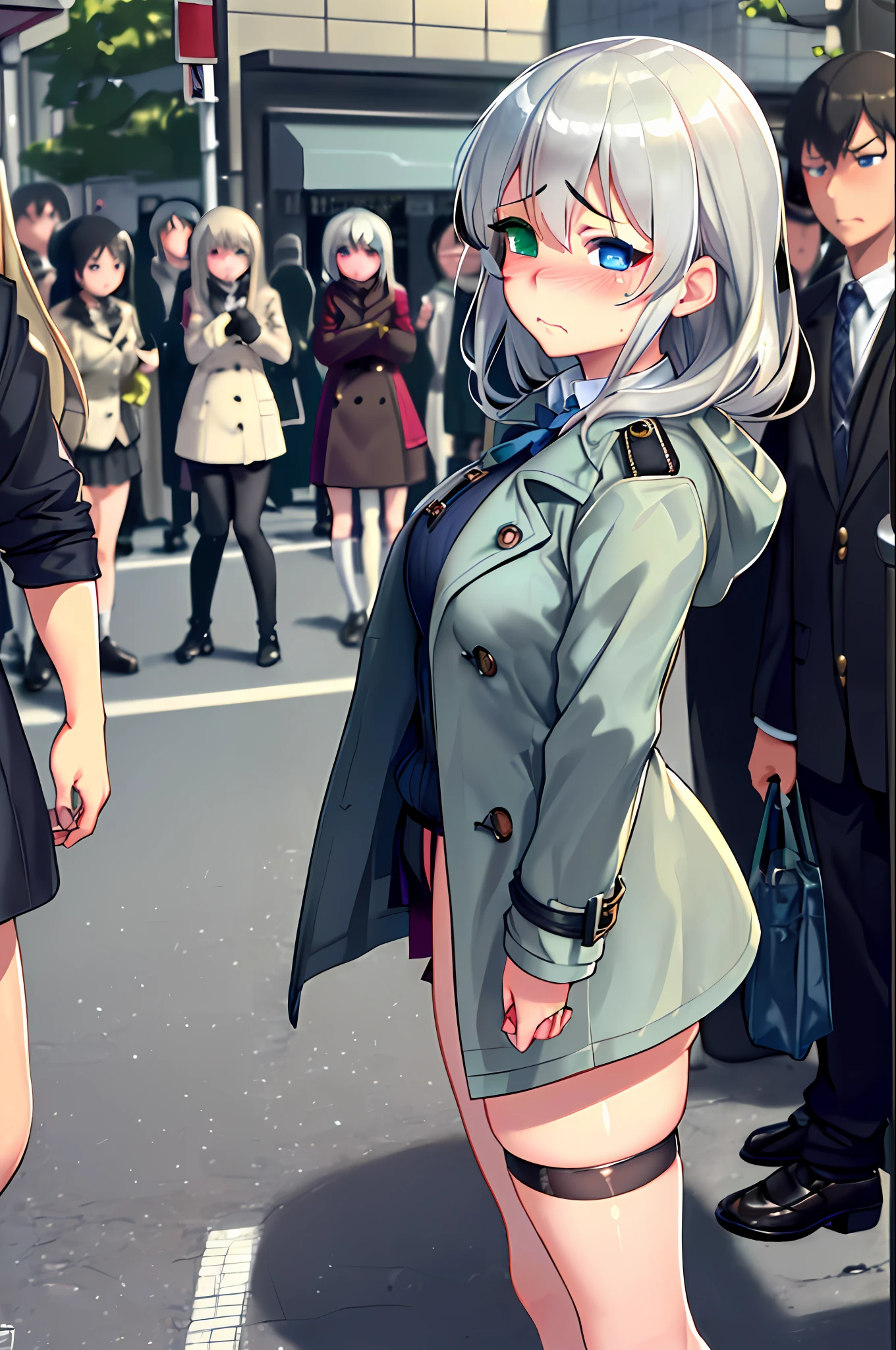 masterpiece, 1girl, solo,  large breast, standing, from above,
looking at viewer, pov, front view, night, (uzaki tsuki:1.2), narrow eyes, eyes closed, troubled face, closed mouth,
best quality,master piece,perfect anatomy, (nsfw),1girl,  embarrassed, glistening skin, (((heterochromia,blue_eyes,green_eyes))) , female,undress, ((naked under the trench coat)), ((open the coat yourself)) , (tokyo street,crowd), (girls onlookers, being watched, attention, crowd around:1.5) ((((public indecency)))), black stocking, garter belt, high heels,,((((bitch)))),