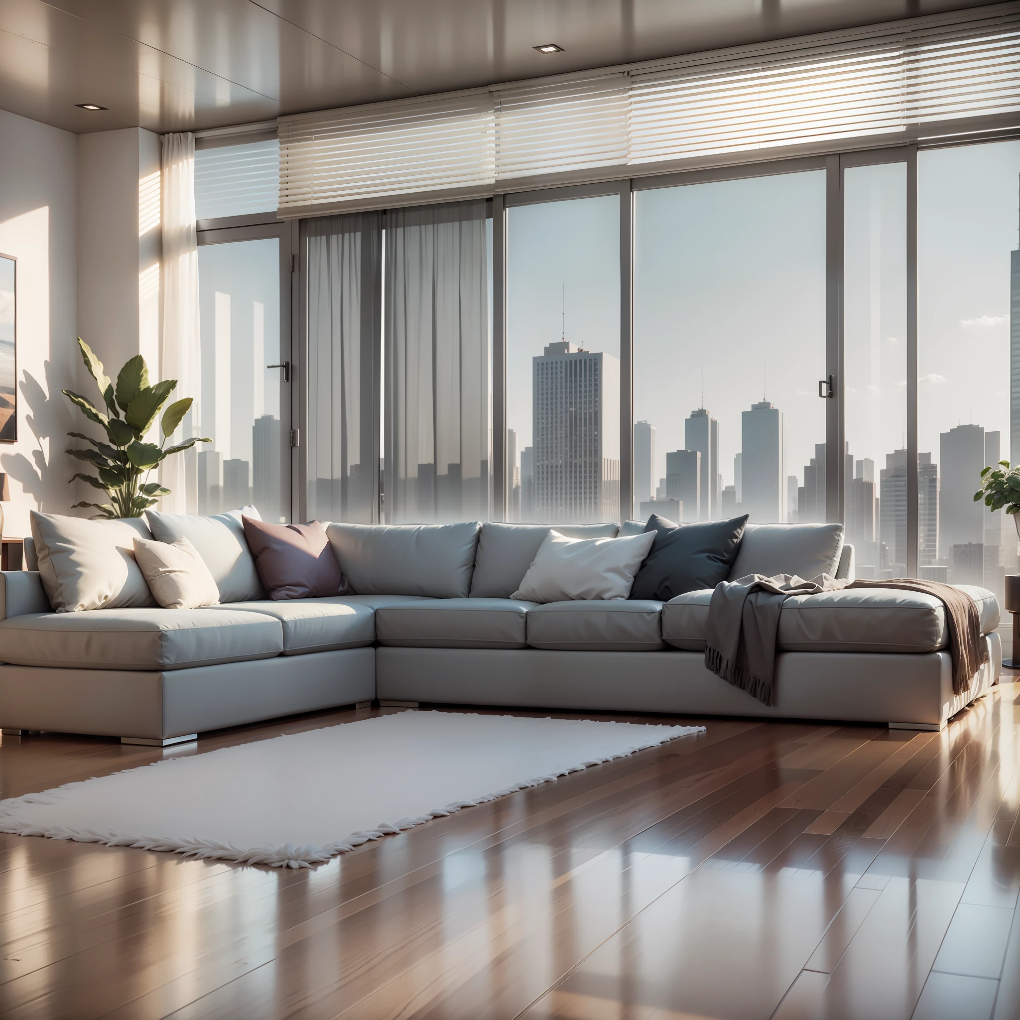 The room has sofa, a huge floor-to-ceiling glass, soft sunlight, gray floor mats, highly photographic rendering, excellent 3D rendering --auto --s2