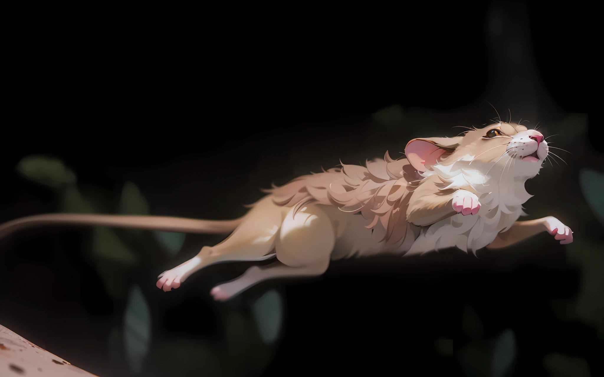 curly fur brown pink rat jumping into mist, fantasy illustration, moody lighting, (8k uhd, film grain, hdr, raytracing), (professionally color graded), ((cinematic look)) (realistic ground level shot), (FOV 120 degrees), dreamy, digital painting, oil painting, magical, mystical