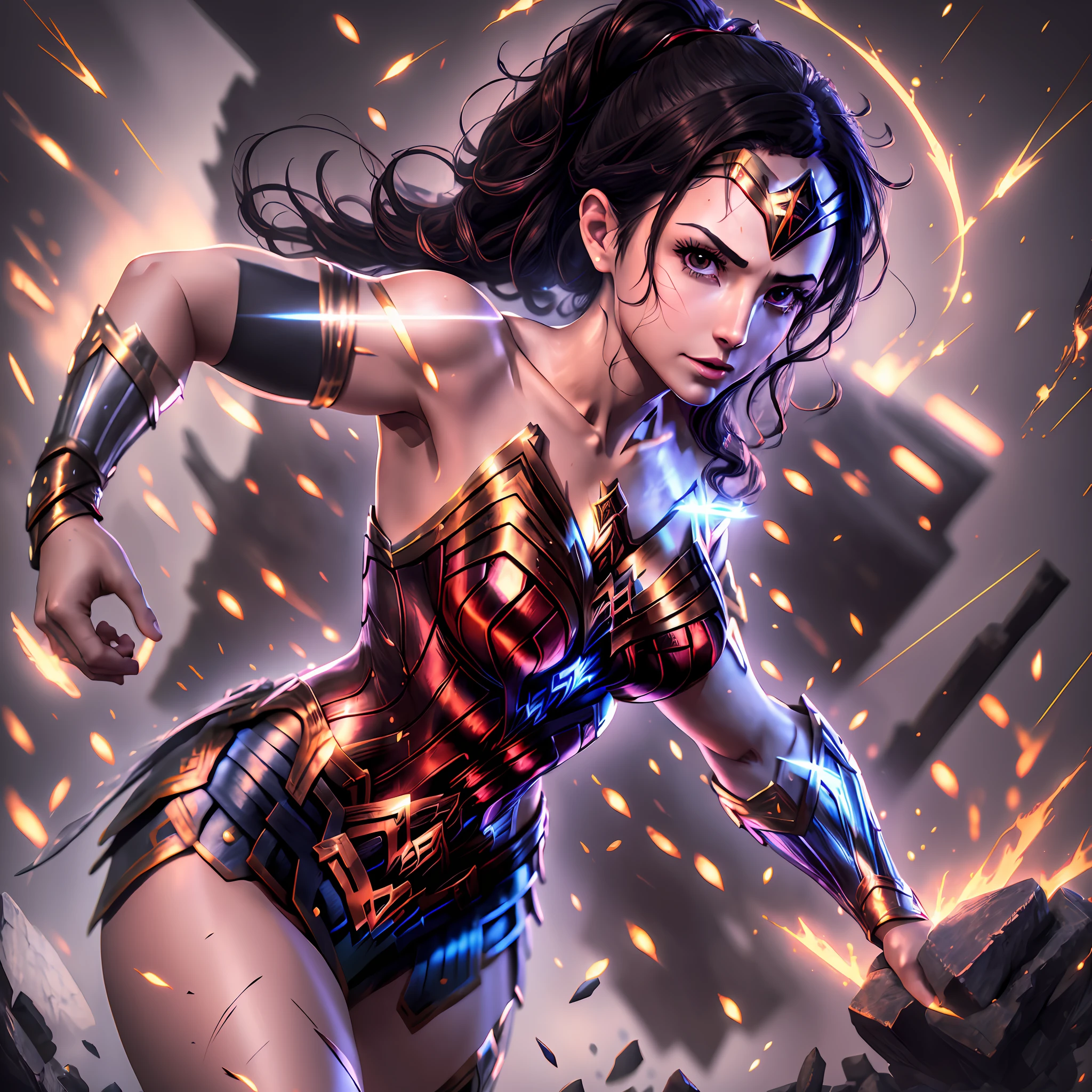 (Extreme Detail CG Unity 8K wallpaper, masterpiece, highest quality), (Exquisite light and shadow, photo, Cinematic lens effect), (Wonder Woman: 1.1), ponytail, energetic expression, energetic eyes, looking at the viewer black hair, full body, fighting stance, wounded, bleeding --auto --s2