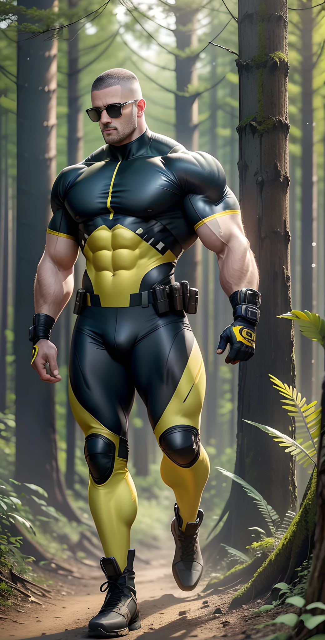 Arad man in yellow and black clothes standing in sunny forest, American round head, Buzz cut, tall and burly, muscular male hero, heroic male pose, muscular! Wearing black sunglasses, spandex tight high elastic bodysuit, super buff and cool, high resolution committee, character design police, black military boots, attractive strong male with spandex tight high elastic bodysuit, sunlight shining through the tree