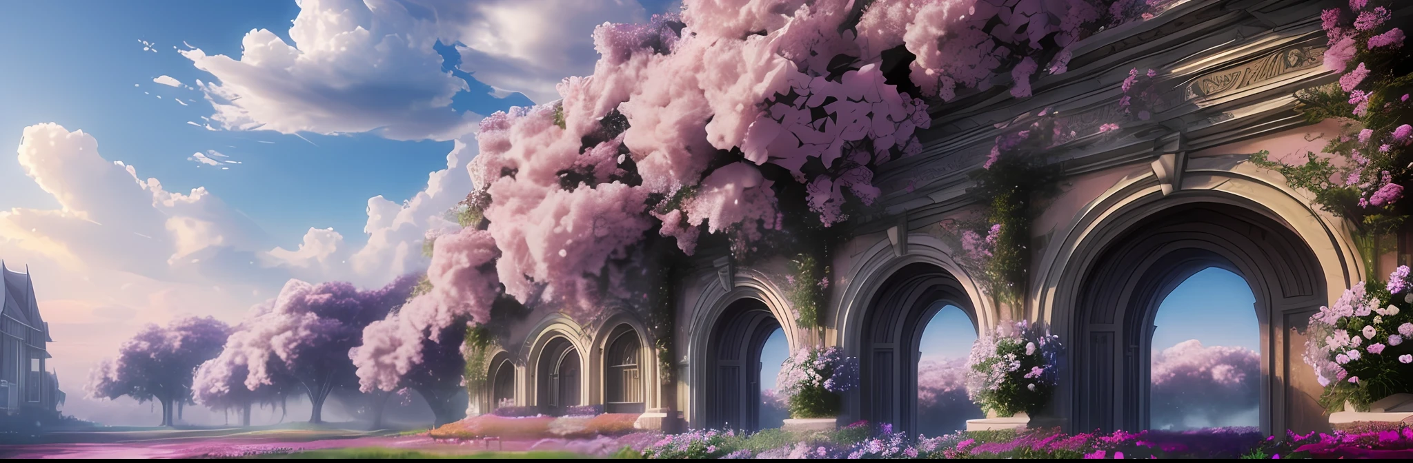 beautiful fantasy world with flowers in the sky, dreaming, heavenly, hyper realistic, trending in Artstation