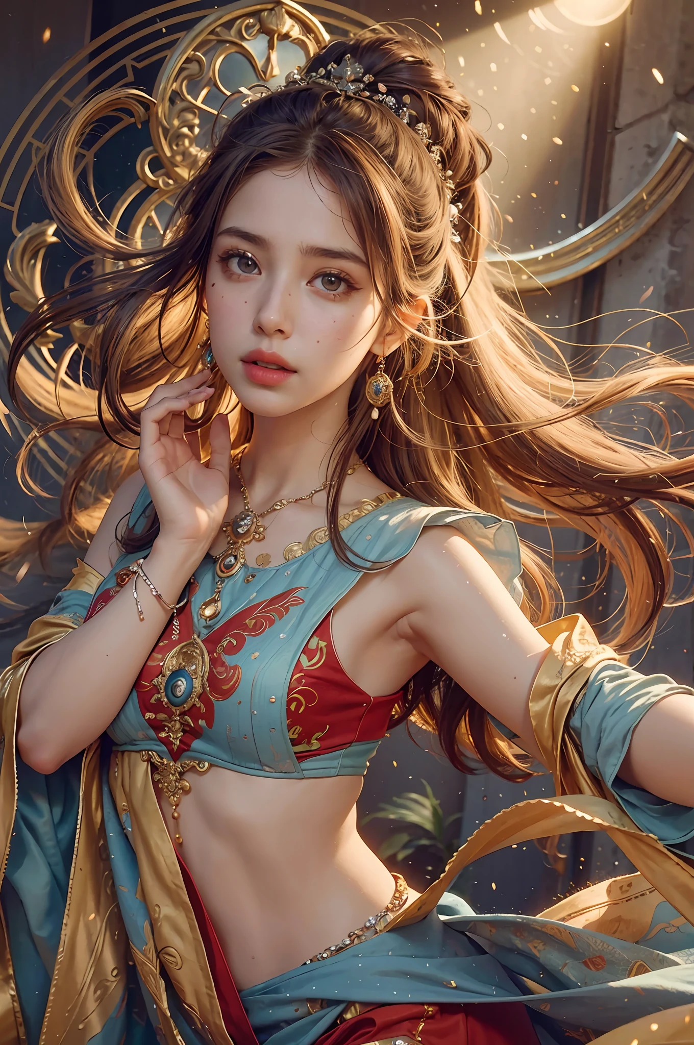 (RAW Photo, Best Quality), (Realistic, Photo Realistic: 1.3), Best Quality, Highly Detailed, Masterpiece, Hyperdetail, Illustration, 1 Girl, upper_body, Dynamic Angle, World Masterpiece Theater, messy_long_hair, Best Quality, Extremely Detailed CG Unified 8k Wallpaper, Ink, Amazing, Cinematic Lighting, lens_flare,dunhuang_style, Sad