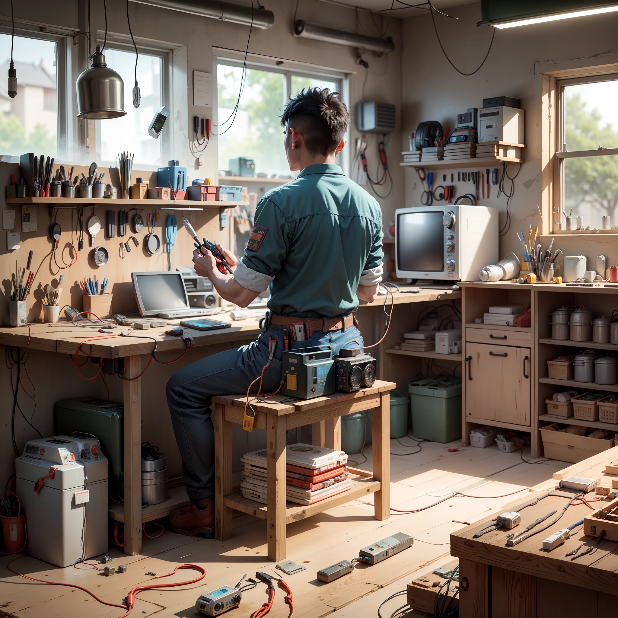 (Chinese), (Electrician), (Man), (Repair Appliances), (Workbench), (Television), (Multimeter), (Electrical Repair Tool) --auto --s2