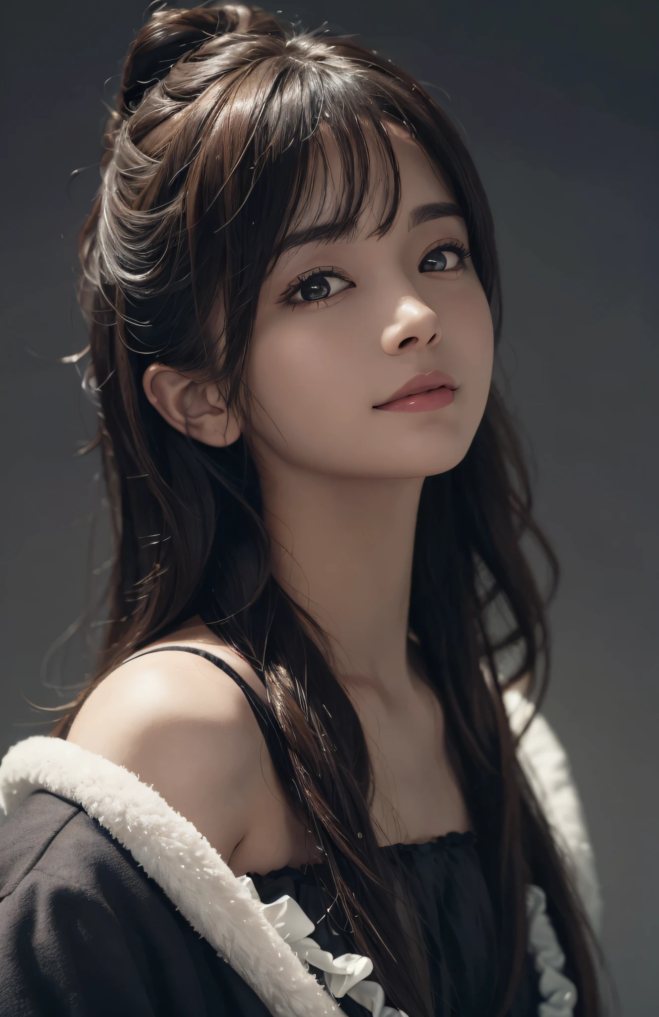 (Ultra Realistic), (Illustration), (Increased Resolution), (8K), (Extremely Detailed), (Best Illustration), (Beautiful and Detailed Eyes), (Best Quality), (Ultra Detailed), (Masterpiece ), ( wallpaper), (detailed face), solo, 1 girl, looking at viewer, fine details, detailed face, in the dark, deep shadows, low key, pureerosfaceace_v1, smiling, long hair, black shawl straight hair , 46 points oblique bangs
