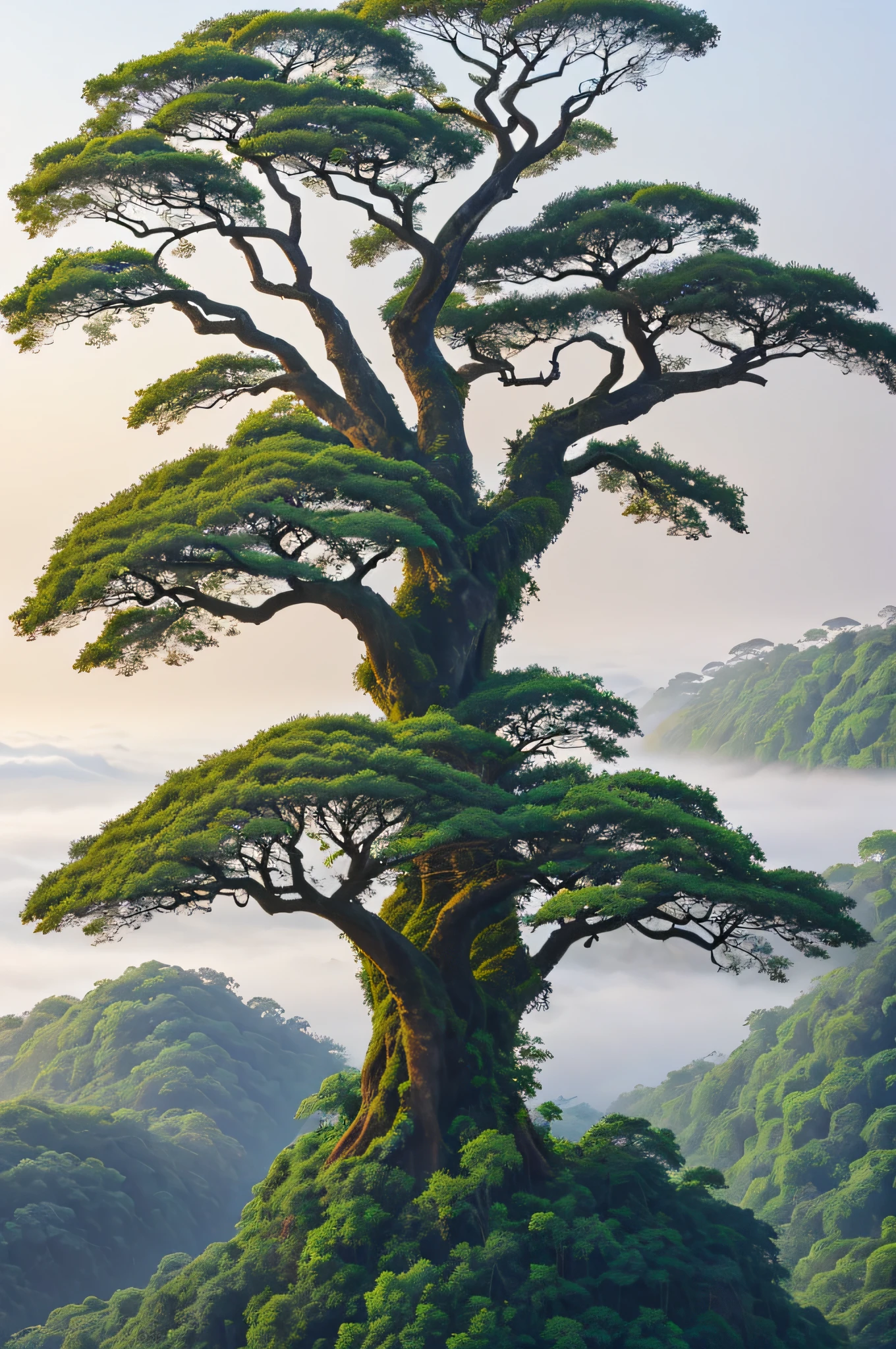(best quality), [ (landscape: 1.2), (nature: 1.1), (tree: 1.2), (morning fog: 1.1), (bird on branches), (ancient tree), (deep jungle), (majestic landscape) ], Boseto Claro and Bello, aerial wide-angle,