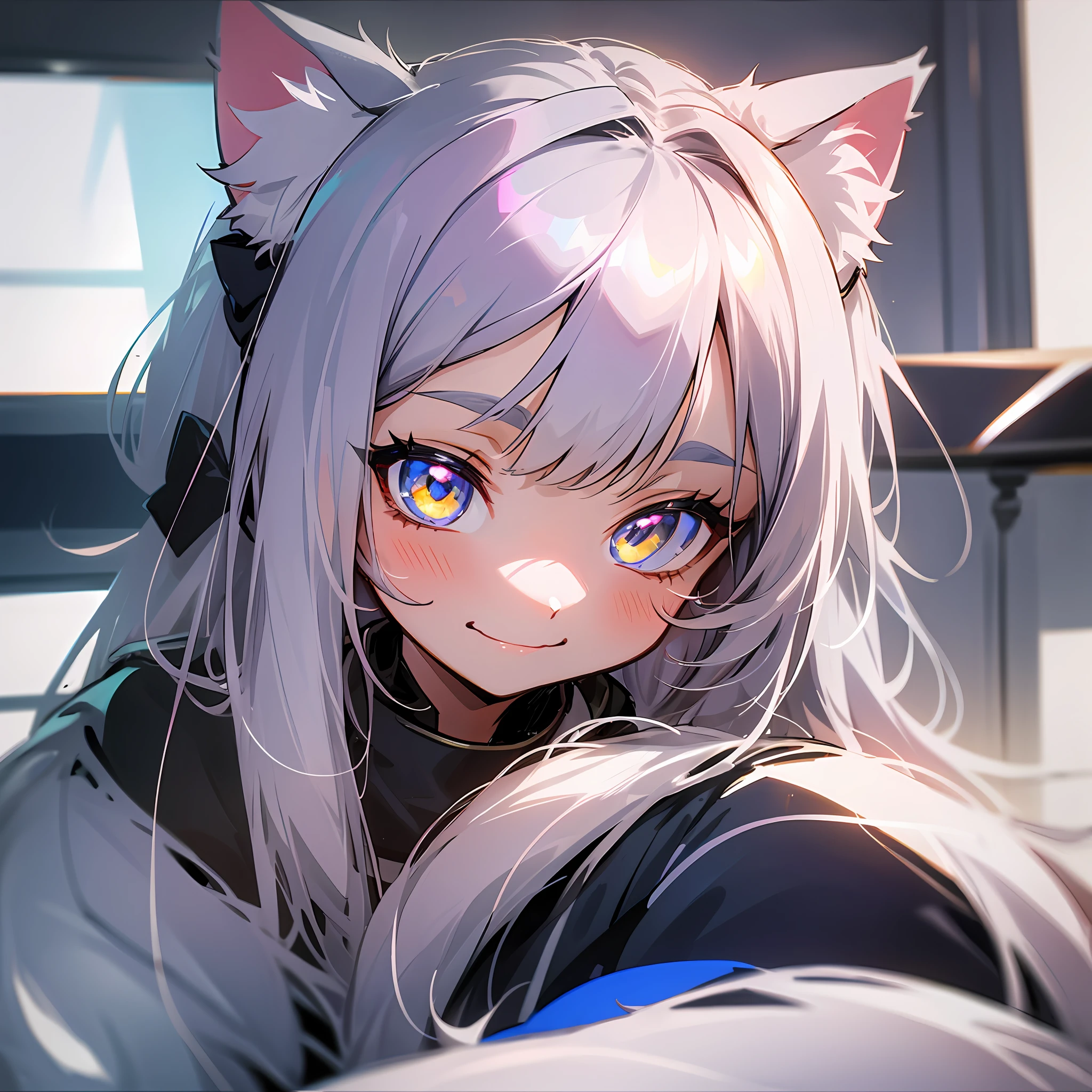 1 girl, silver hair, small size, focused face, cute, soft cute, cat-like smile, furry cat ears and cat tail