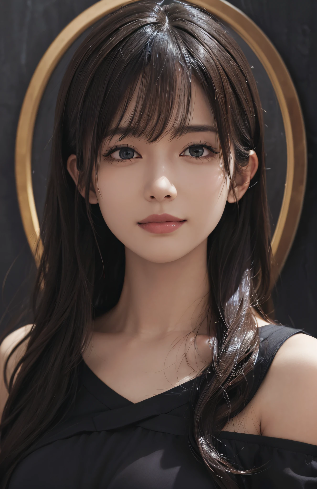(Ultra Realistic), (Illustration), (Increased Resolution), (8K), (Extremely Detailed), (Best Illustration), (Beautiful and Detailed Eyes), (Best Quality), (Ultra Detailed), (Masterpiece ), ( wallpaper), (detailed face), solo, 1 girl, looking at viewer, fine details, detailed face, in the dark, deep shadows, low key, pureerosfaceace_v1, smiling, long hair, black shawl straight hair , 46 points oblique bangs
