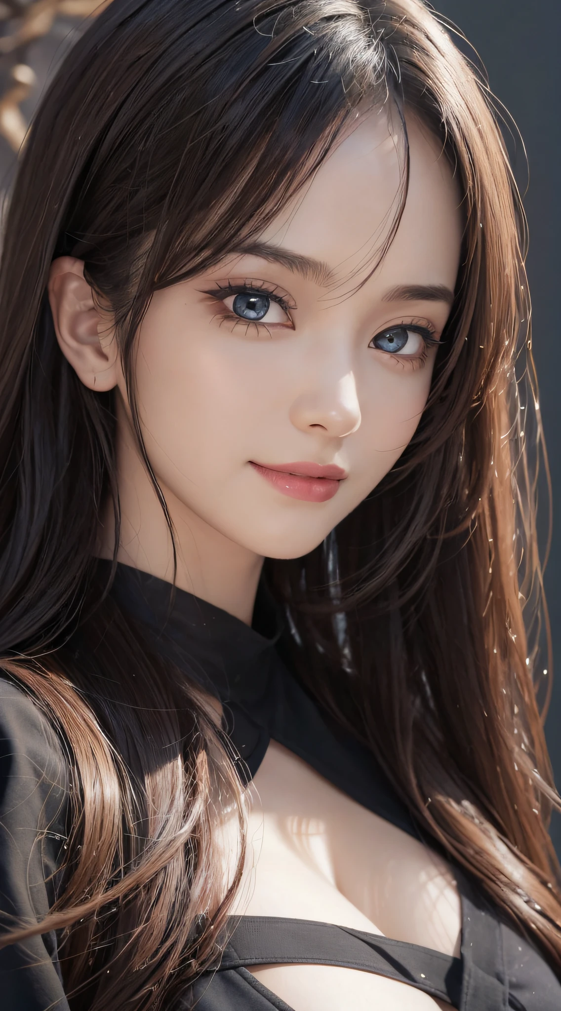 (Ultra Realistic), (Illustration), (Increased Resolution), (8K), (Extremely Detailed), (Best Illustration), (Beautiful and Detailed Eyes), (Best Quality), (Ultra Detailed), (Masterpiece ), ( wallpaper), (detailed face), solo, 1 girl, looking at viewer, fine details, detailed face, in the dark, deep shadows, low key, pureerosfaceace_v1, smiling, long hair, black shawl straight hair , 46 points oblique bangs