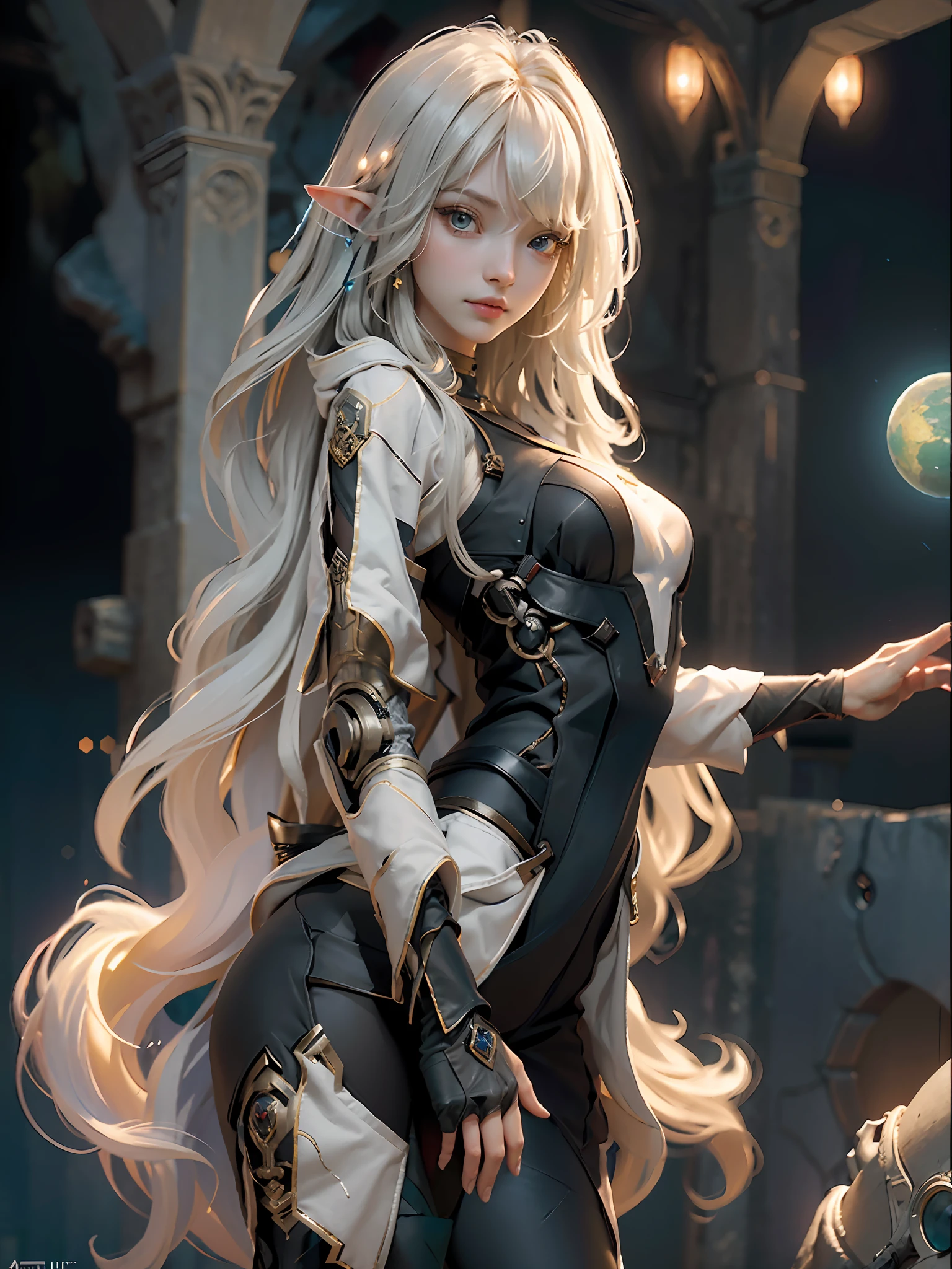 ((Best Quality)), ((Masterpiece)), (Details: 1.4), 3D, Bust, (Young Girl), (Solo), Portrait, ((Straight Face)), (Body Front), (A Beautiful Young Elf Girl Image), (Small Breast: 1.3), ((Bust Photo)), (Upper Body), (Slim Perfect Body: 1.2), (Perfect Face), (Young Face: 1.2), Glowing Eyes, (Yellow Eyes: 1.5), (Perfect Eyes), (Perfect Hands), (Perfect Fingers), (Soft and Simple Hair: 1.5), (Simple Tight Combat Suit: 1.3), Golden Hair, Collar, (Metal Gloves: 1.2), (Weapons), Chains, In the Distant Future, the line between science fiction and fantasy has disappeared, and the world is an awesome tapestry of wonder. Enter a universe where magic and technology coexist in harmony and shape the fate of civilization in the vast expanse of space. At the heart of this field is celestial relations, an interstellar center of mysterious energy and technological wonders. Here, arcane knowledge is intertwined with cutting-edge science, giving birth to a society brimmed with the power of ancient spells, while occult arts enhance technology. As a young explorer, embark on a grand adventure destined to unlock the secrets of the celestial bond. As you travel through the uncharted realms of the universe, encounter various civilizations full of creatures with extraordinary abilities. From the ethereal spire of the elves, where the art of traveling across dimensions is perfected, to the cybernetic enclave of the Android Group, witness the tapestry of life where magic and technology intertwine. Unleash your latent power as you adapt to the energy flowing through the Nexus. Take advantage of the ancient spells of forgotten witchcraft to propel your starship through the vast universe. Wield enchanted weapons infused with futuristic enhancements to shape surging energy and engage in epic battles against cosmic abominations and intergalactic tyrants. Uncover the origins of this harmonious blend of magic and technology as you delve into the mysterious realm of celestial relationships. Discover anc