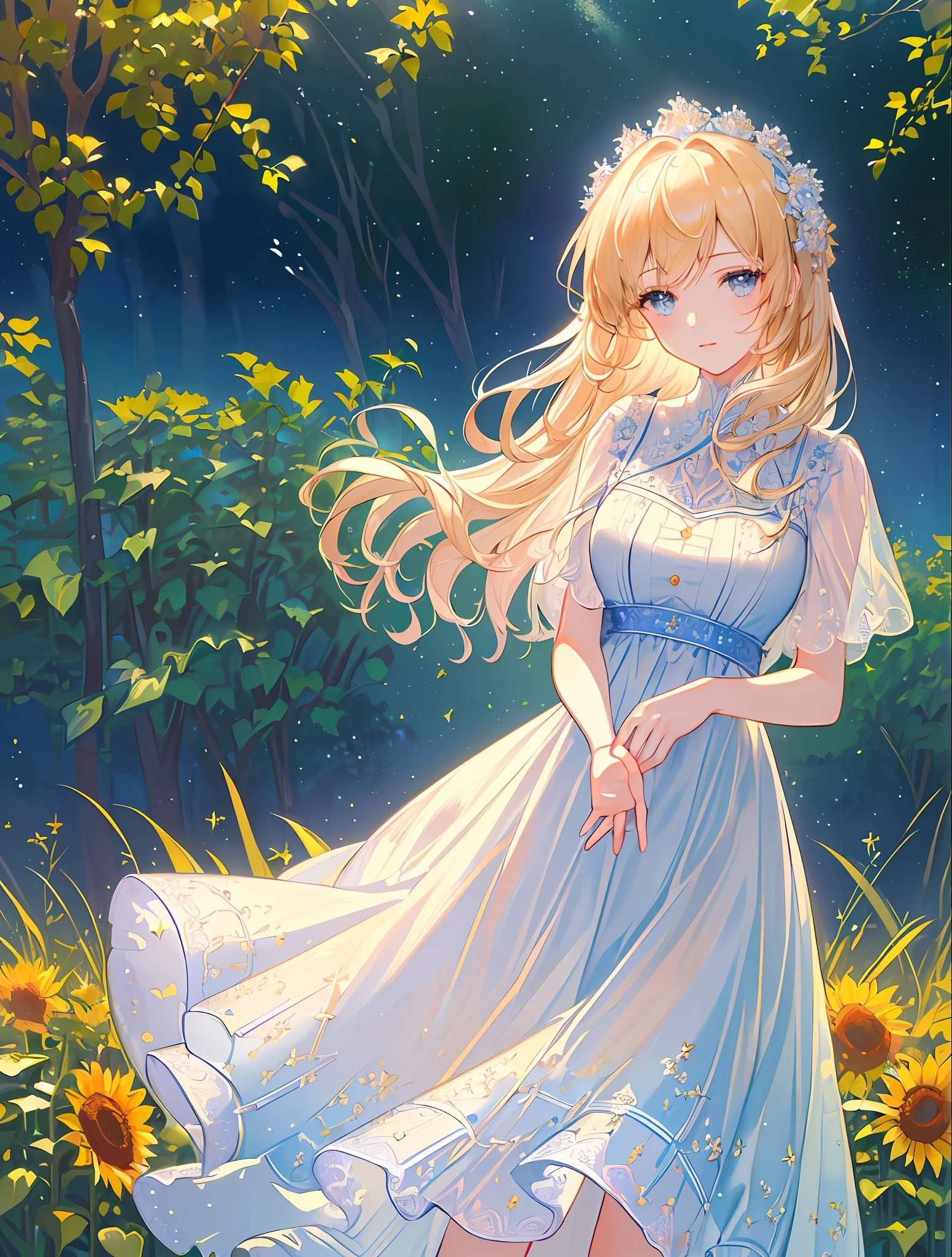 ((top quality, masterpiece, very delicate and beautiful, highly detailed, CG, 8k wallpaper, wonderful, detailed, masterpiece, top quality, highly detailed 8k wallpaper)), flowers, summer, blue sky, beautiful view, sunflower, woman, bust up, blonde, white dress,