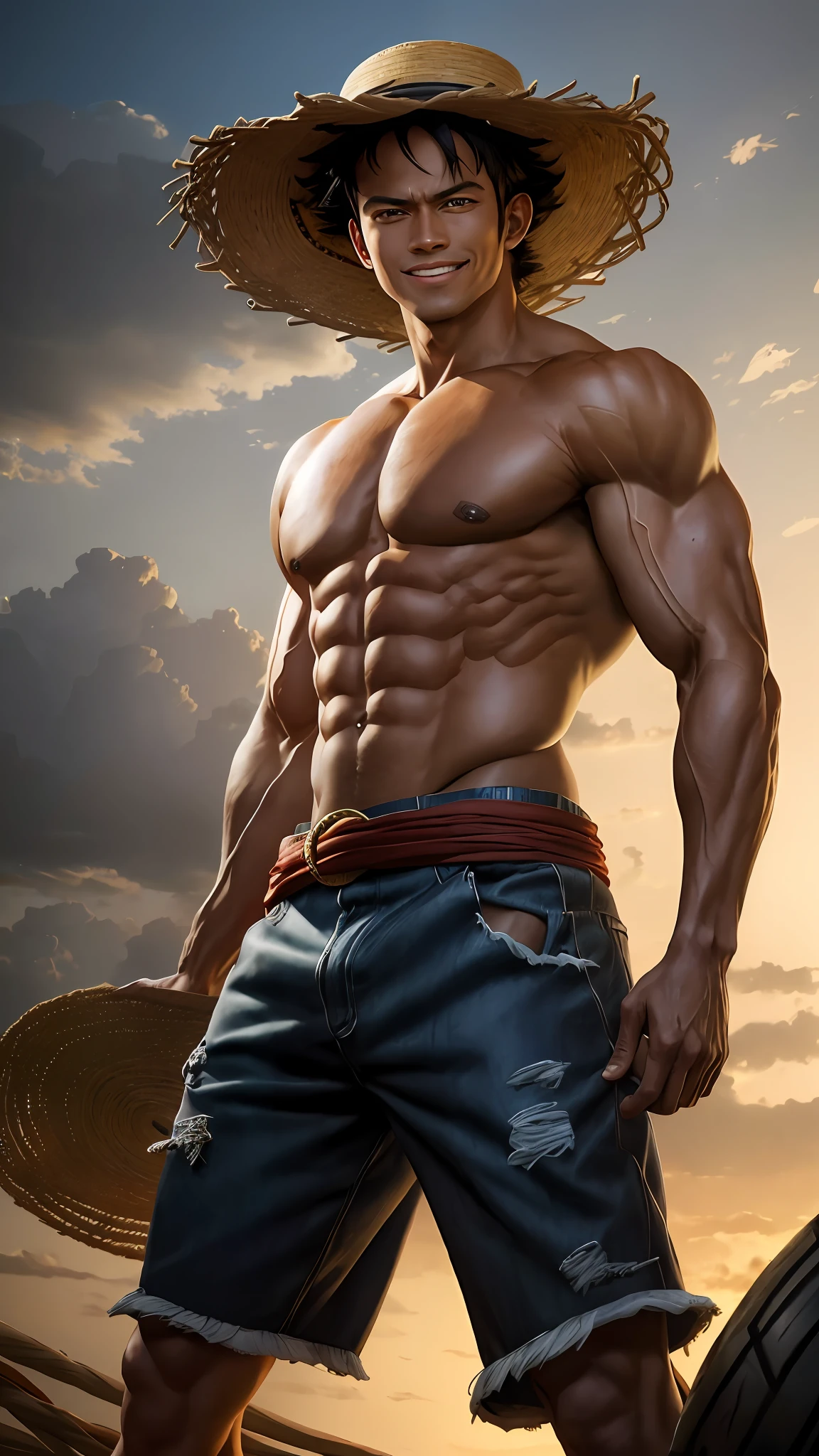 8k portrait of Monkey D. Luffy bodybuilder, metallic black arms, intricate,wearing a straw hat, smiling, elegant, highly detailed,full body, majestic, digital photography, art by artgerm and ruan jia and greg rutkowski, black hair, black eyes, (detailed eyes) broken glass (masterpiece, side lighting, beautiful finely detailed eyes: 1.2), hdr,