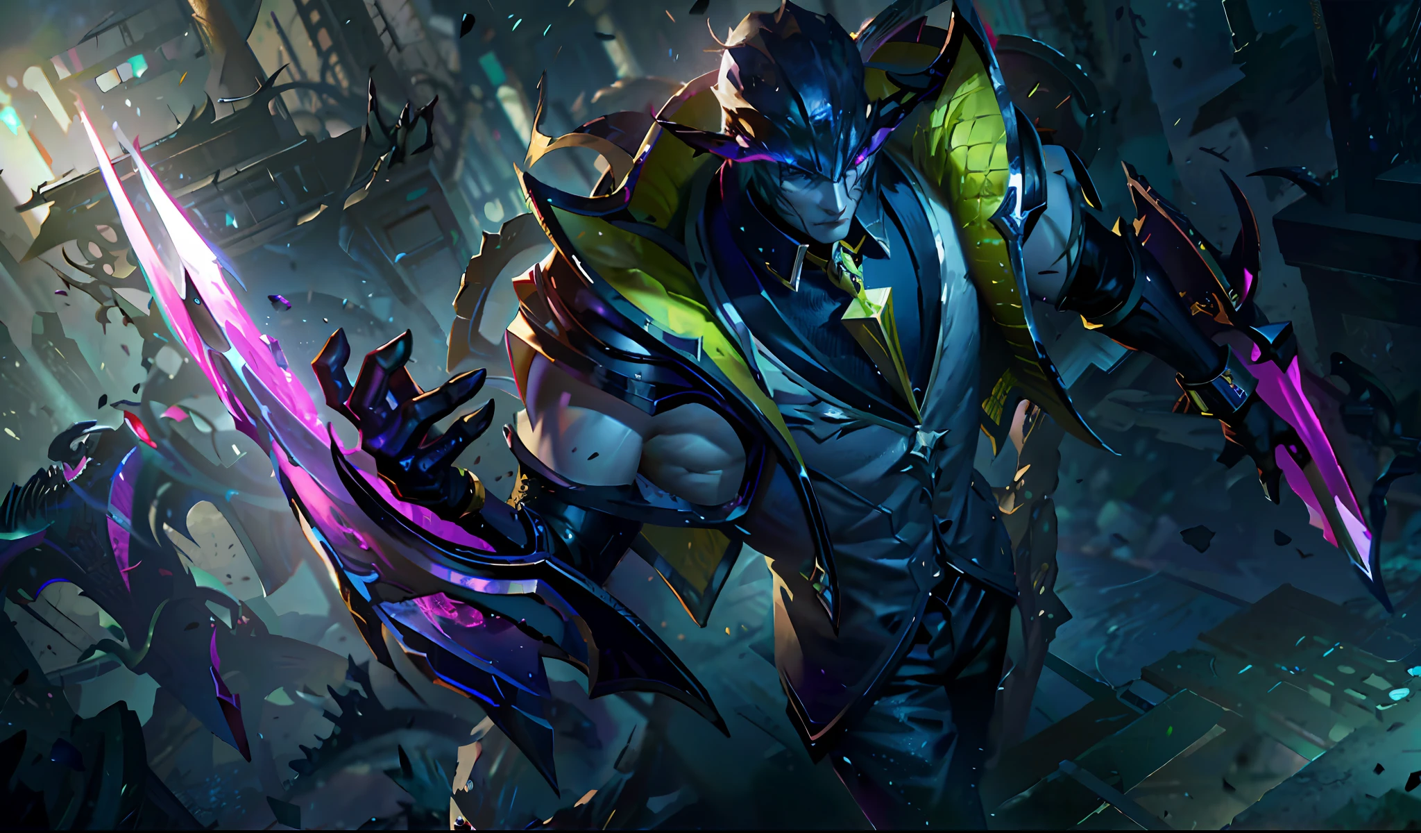 Demonic creature with golden hair and (a sword) in a dark room, League of Legends concept art, Riot game concept art, League of Legends character art, League of Legends art, League of Legends splash art, League of Legends splash art, League of Legends style art,  iconic character splash art from League of Legends