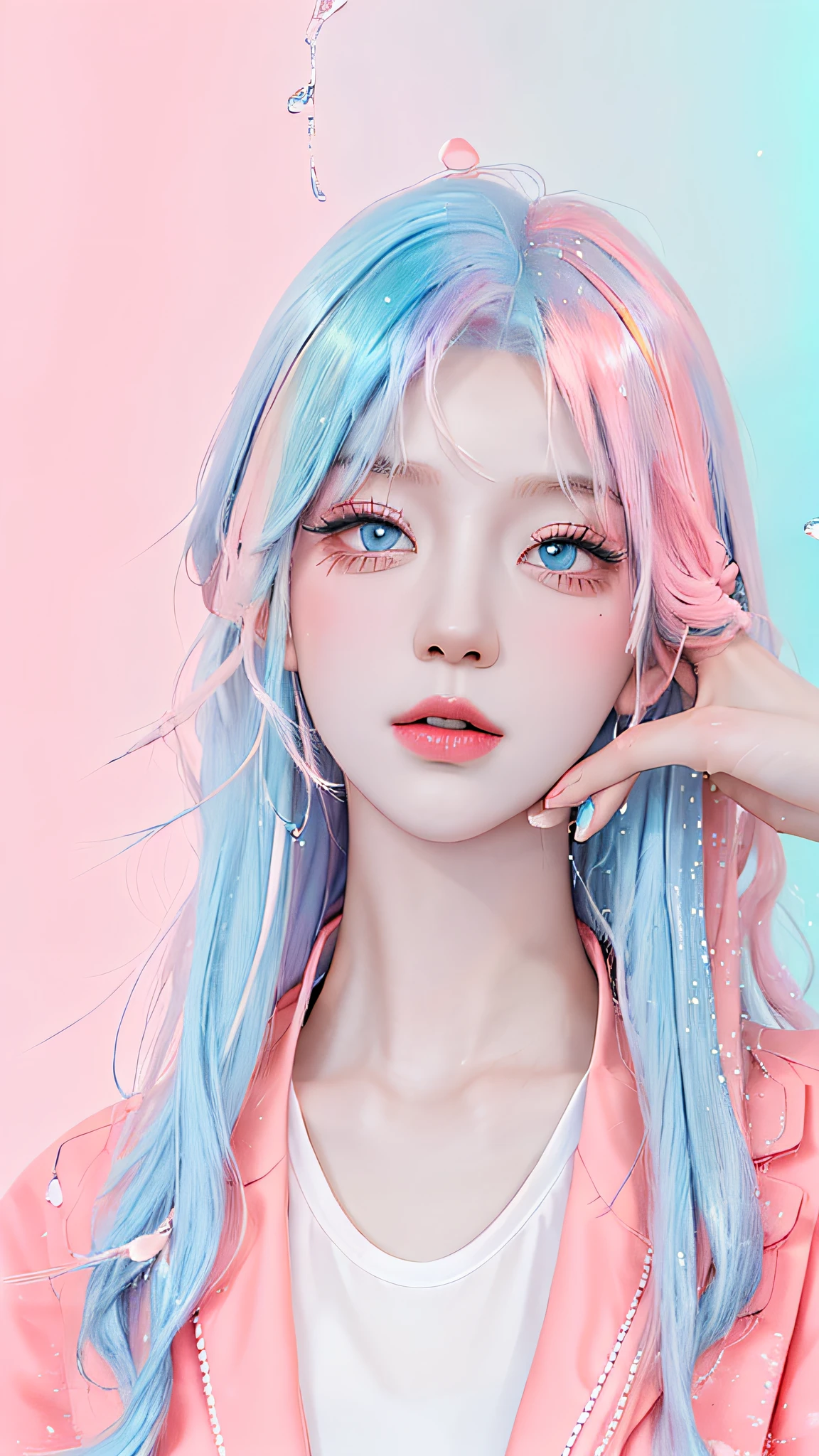 (Masterpiece, Best Quality, High Resolution), White Background, Acrylic Paint, ((Color Splash, Splash of Ink, Color Splash)), Sweet Chinese Girl, Long Light Blue Hair, [Light Blue|Pink] Hair, Curly Hair, Glitter, Peach Lips, White Shirt, Front, Upper Body