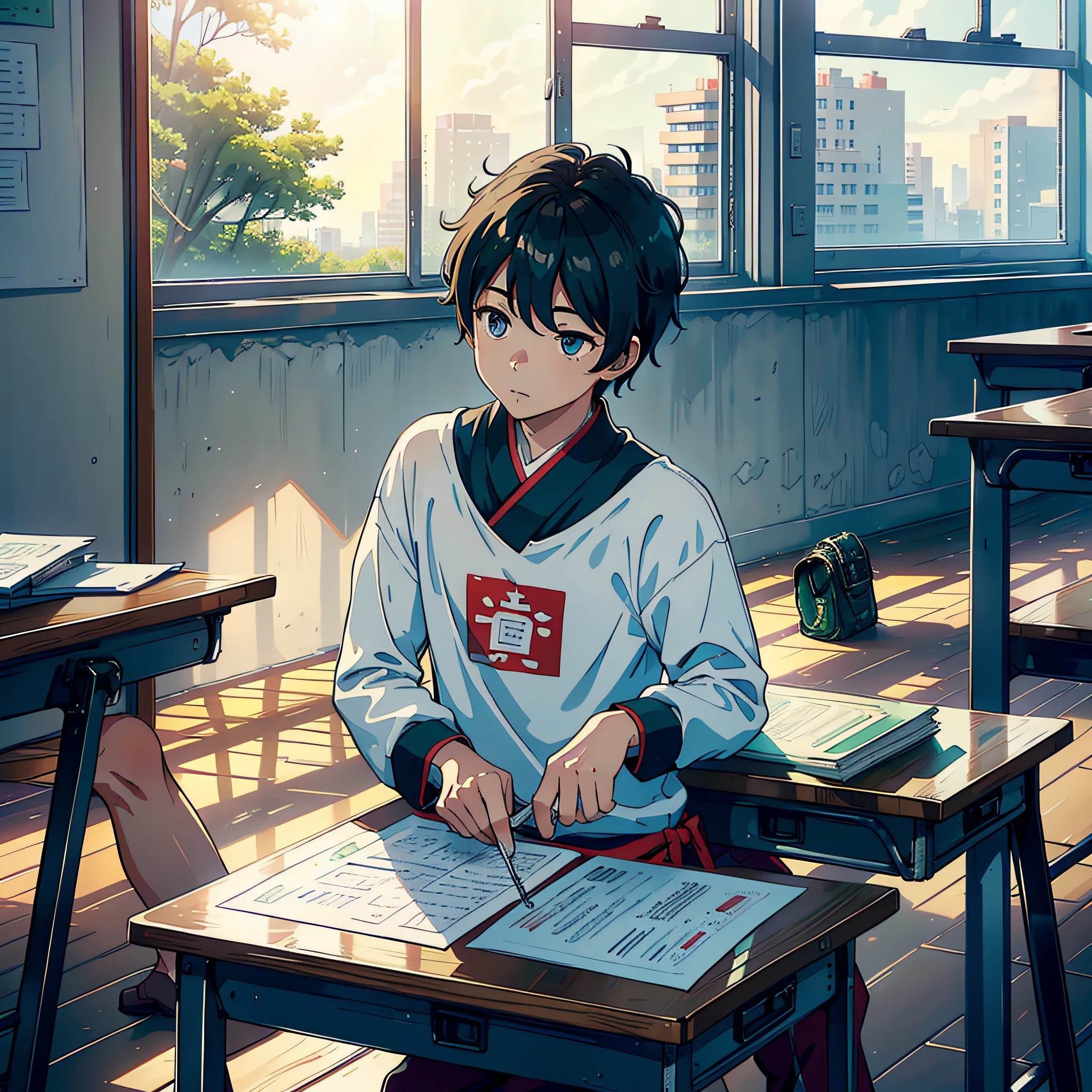 The sun is shining at noon, a boy is sitting in the classroom, (boy 1.5) The man is wearing a white T-shirt, the background is in the classroom, sitting on a chair, sitting on a stool, holding a pen, (there is a test paper 1.5), (Money Falling Down in the Classroom 2.0) (Money Falling Around: 1.8), the camera mainly features the upper body, (the lens mainly features Money Falling Down in the Classroom 2.0), in the Loepfe Art Style ((New Sea City), popular in CGStation, Shinkai Cheng H 2160, inspired by Bian Shoumin, Xinhaicheng, Kavassi, Guwitz style, high quality, 4K, 8K, resolution, -auto-s2