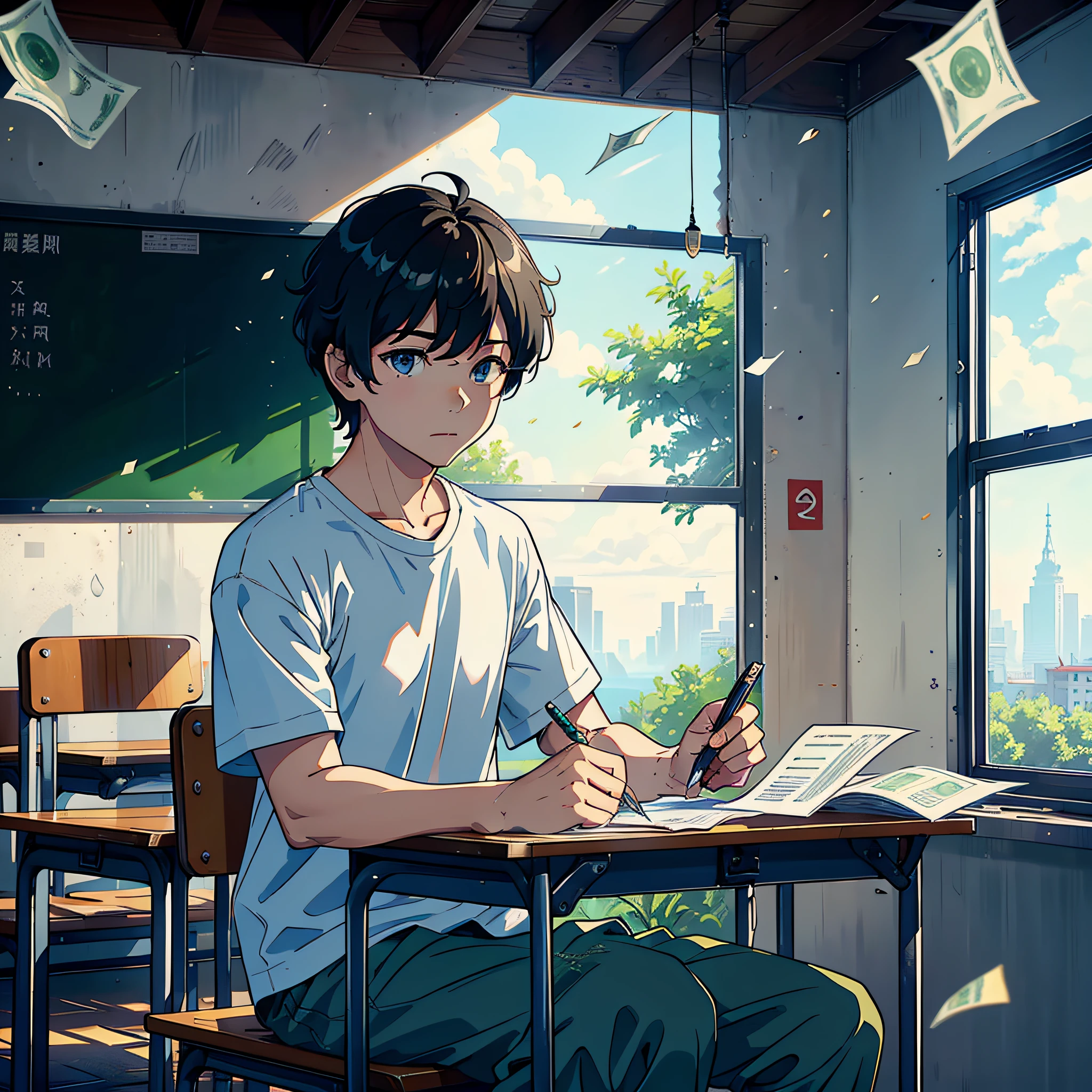 The sun is shining at noon, a boy is sitting in the classroom, (boy 1.5) The man is wearing a white T-shirt, the background is in the classroom, sitting on a chair, sitting on a stool, holding a pen, (there is a test paper 1.5), (Money Falling Down in the Classroom 2.0) (Money Falling Around: 1.8), the camera mainly features the upper body, (the lens mainly features Money Falling Down in the Classroom 2.0), in the Loepfe Art Style ((New Sea City), popular in CGStation, Shinkai Cheng H 2160, inspired by Bian Shoumin, Xinhaicheng, Kavassi, Guwitz style, high quality, 4K, 8K, resolution, -auto-s2
