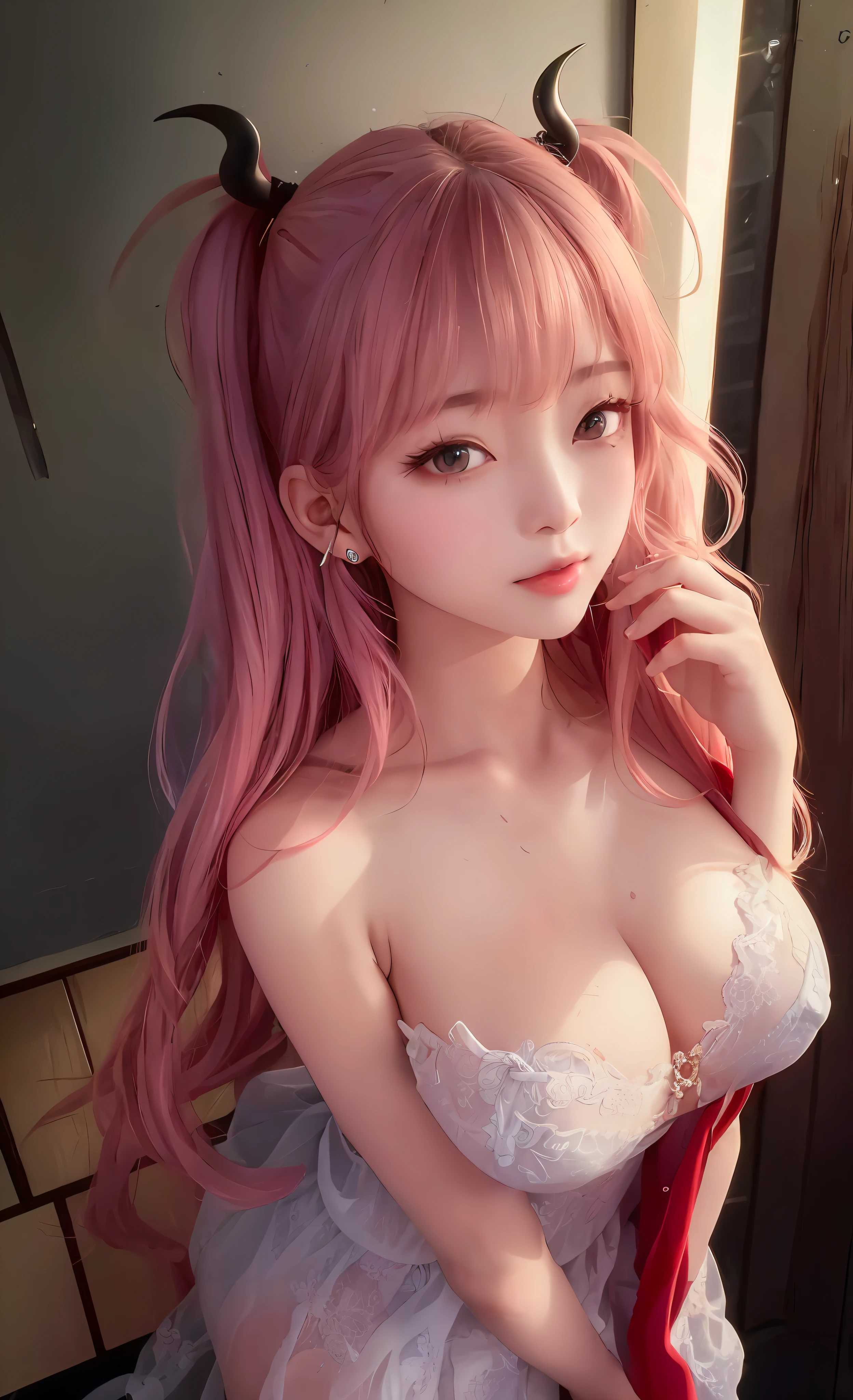 1girl, long hair, (on body: 1.2), hair accessories, necklace, accessories, long hair, earrings, highres, headband, pretty face, delicate eyes, delicate eyelashes, (big breasts: 1.3), thin body, shiny skin, (8k_wallpaper), intricately detailed, (no underwear), (see through clothing), (covered, toned abs, ulzzang-6500-v1.1, wet clothes, see through, wet