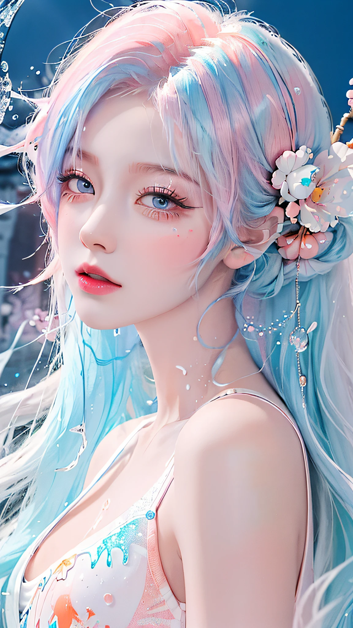 (Masterpiece, Best Quality, High Resolution), White Background, Acrylic Paint, ((Color Splash, Splash of Ink, Color Splash)), Sweet Chinese Girl, Long Light Blue Hair, [Light Blue|Pink] Hair, Curly Hair, Glitter, Peach Lips, White Shirt, Front, Upper Body