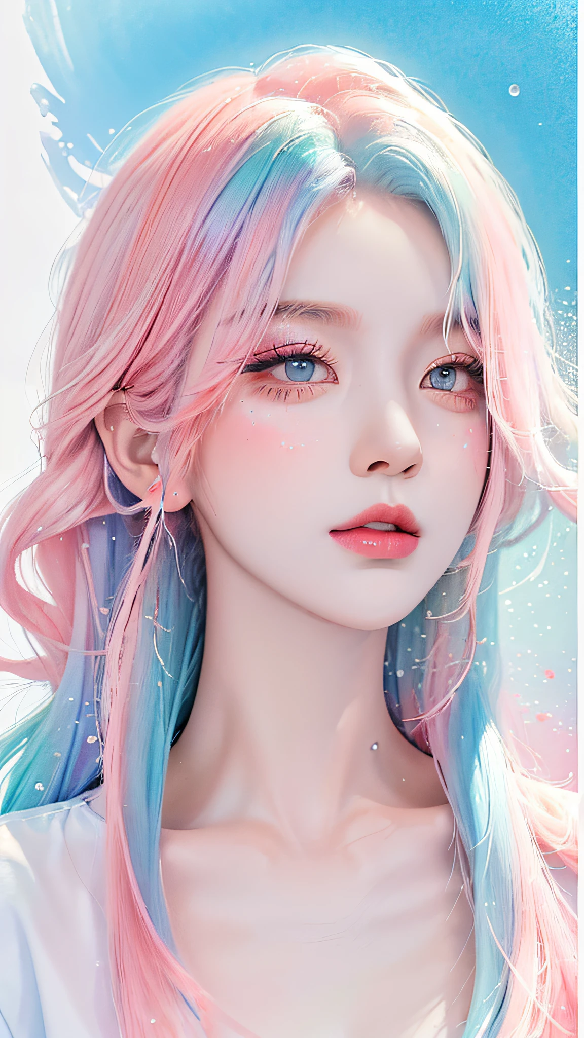 (Masterpiece, Best Quality, High Resolution), White Background, Acrylic Paint, ((Color Splash, Splash of Ink, Color Splash)), Sweet Chinese Girl, Long Light Blue Hair, [Light Blue|Pink] Hair, Curly Hair, Glitter, Peach Lips, White Shirt, Front, Upper Body