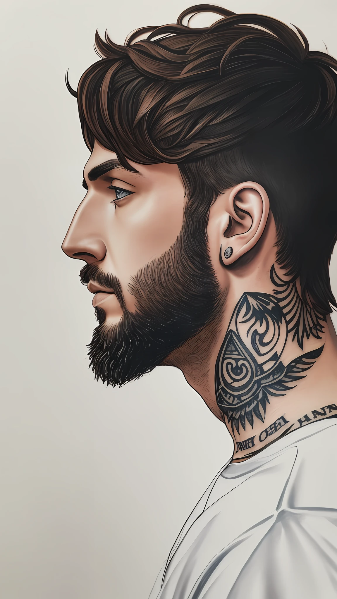 there is a man with beard and white shirt, neck tattoo, profile picture, with small beard, very low quality photo, twitch streamer/gamer ludwig, profile picture, small beard, with tattoos, low quality photo, inspired by Oliver Sykes, profile picture, painted, short beard --auto --s2