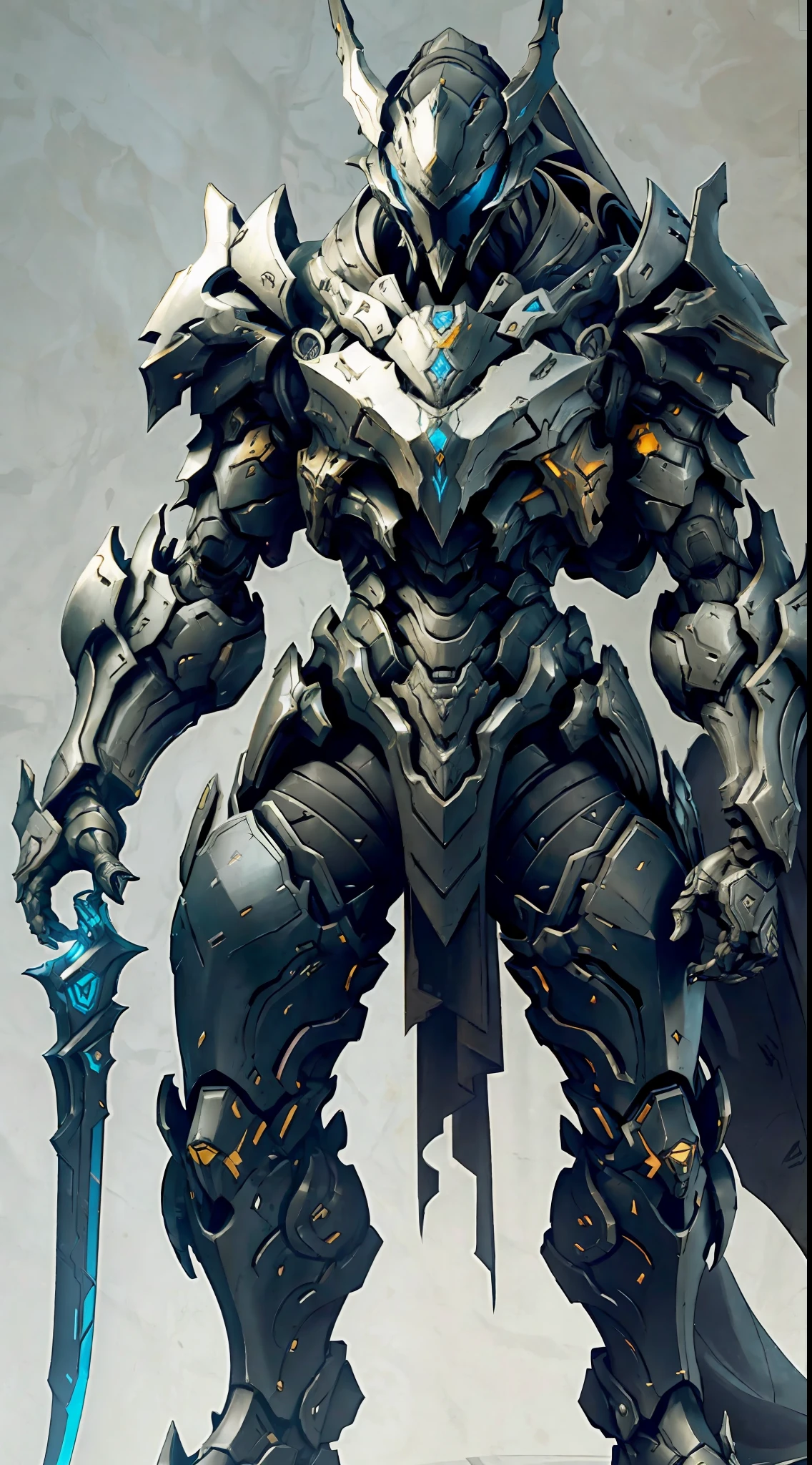 Close-up of demon statue holding a sword, Unreal Engine 4K wallpaper, Warframe armor, detailed Warframe, Warframe art, Warframe concept art, Warframe armor!!, exquisite Warframe fanart, high-quality Warframe fanart, detailed Warframe fanart, Warframe infected art, amazing 8K character concept art, Unreal Engine character art, woman inside a huge bulky exoskeleton robot, (bulky) armor, mecha, ink, clean lines, negative space, high contrast, gradient,