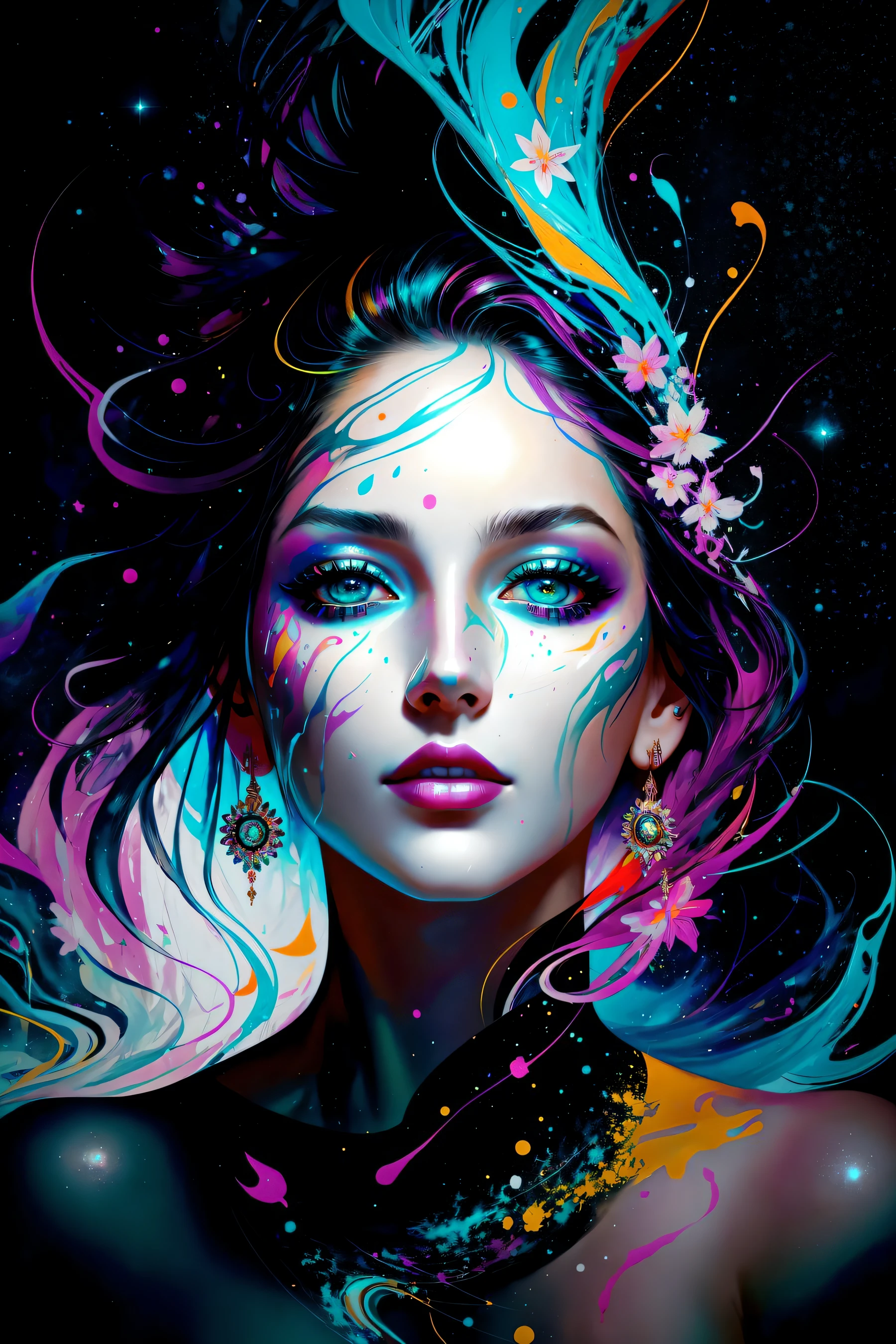 Style-Paint-1900, a beautiful ravishing naked woman completely covered in paint floating in a pool, beautiful lighting, upclose, large beautiful detailed eyes, nirvana, relaxed, chill, from above, full body, paint drops, paint swirls, paint splatter, high heels, (beautiful spiral paint swirls), by jeremy mann, by sandra chevrier, by dave mckean and richard avedon and maciej kuciara, high detailed, 8k, vivid contrasting colors, chromatic aberration, the stars touch the sky with background of aurora nebula paint stars by Style-NebMagic, vivid bright colors, a vibrant digital illustration, black background, behance hd, Masterpiece, best quality, (realistic:1.2), (high contrast:1.2),