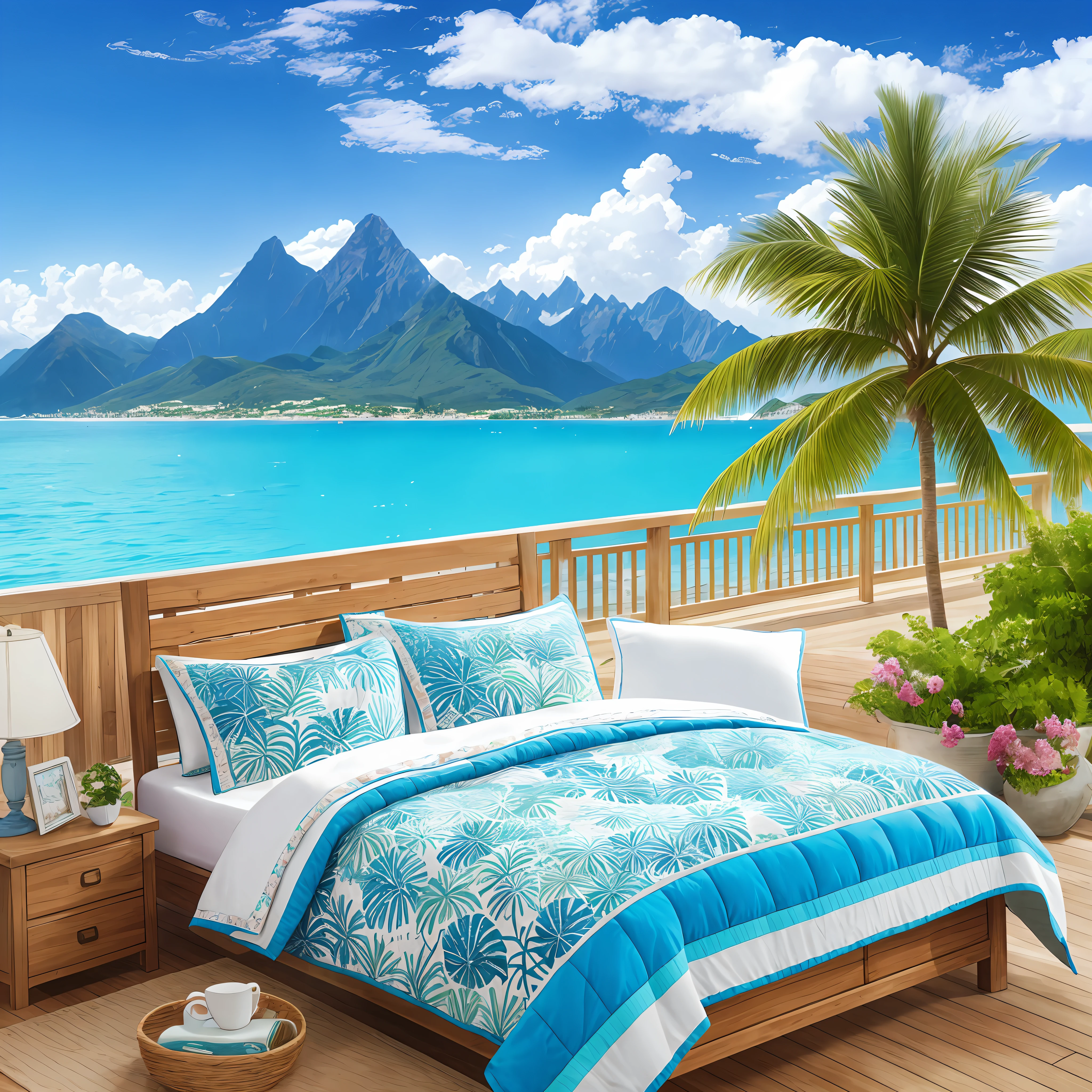 In summer, the background is mountains, sea palm trees, quilt pillows --auto --s2