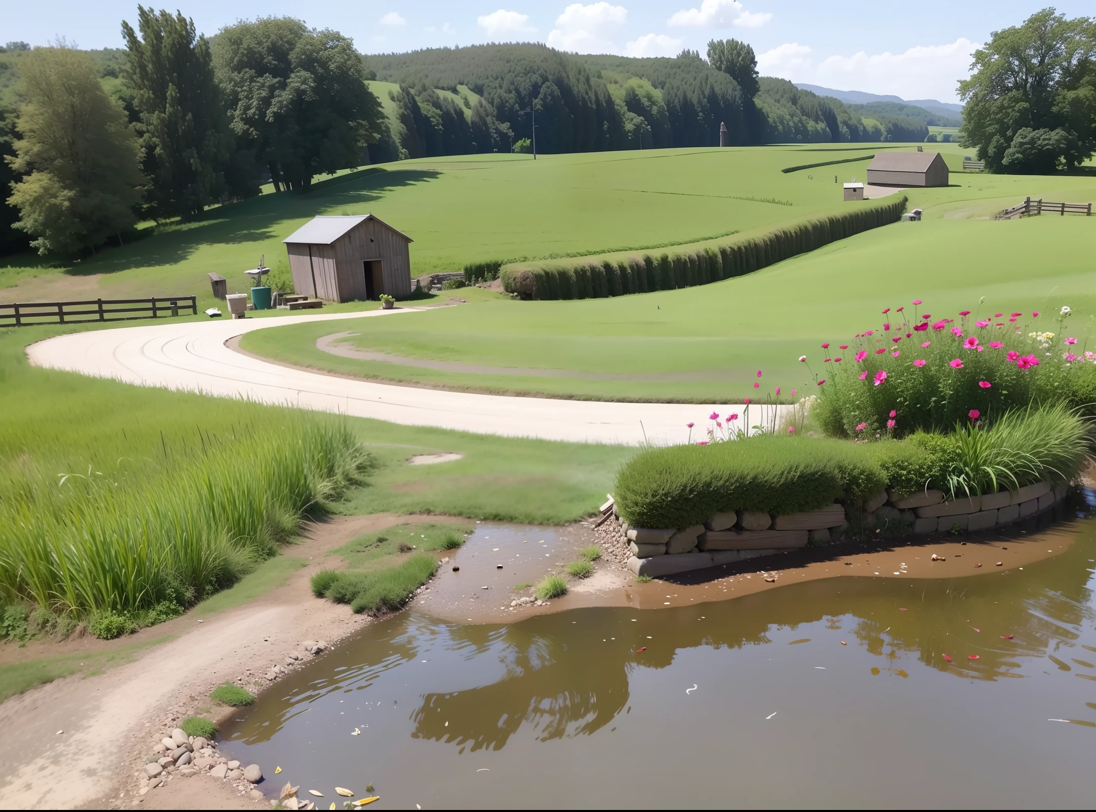 The scenery in the countryside and the countryside and villages, there are huts, flowers and plants, corn, a stone path, a small ditch and flowing water, corn just out of the cob, real HD
