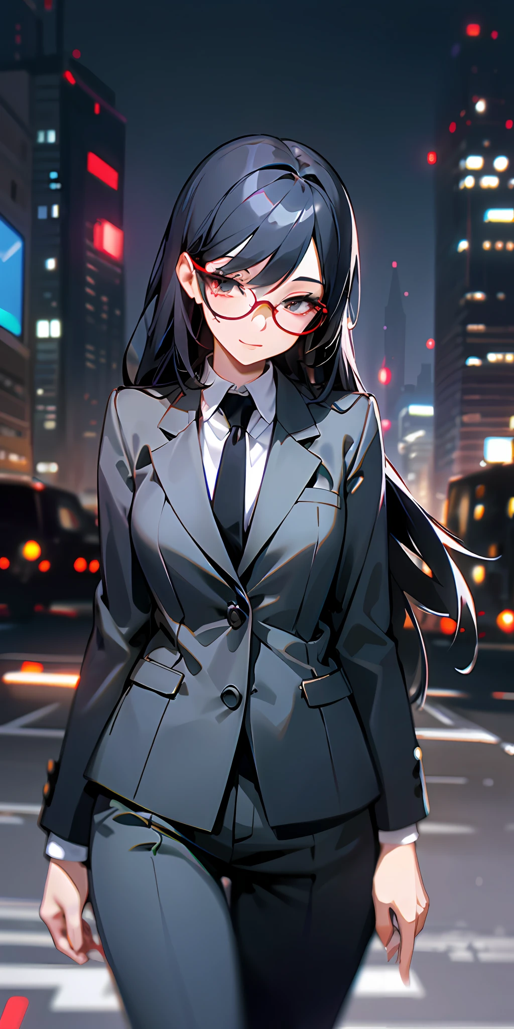 One woman, in a suit, suit color is black, hair is long, stockings are black, hair color is silver, background is urban cityscape, red glasses, wink, eyes are a little long, face is mature