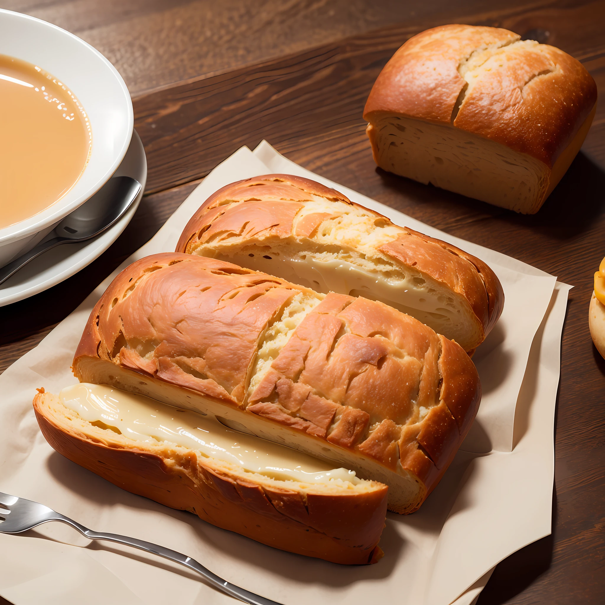 Best quality, super high resolution, (photorealism: 1.4), super detailed, very detailed, foil packaging, bread, coffee, melted cheese