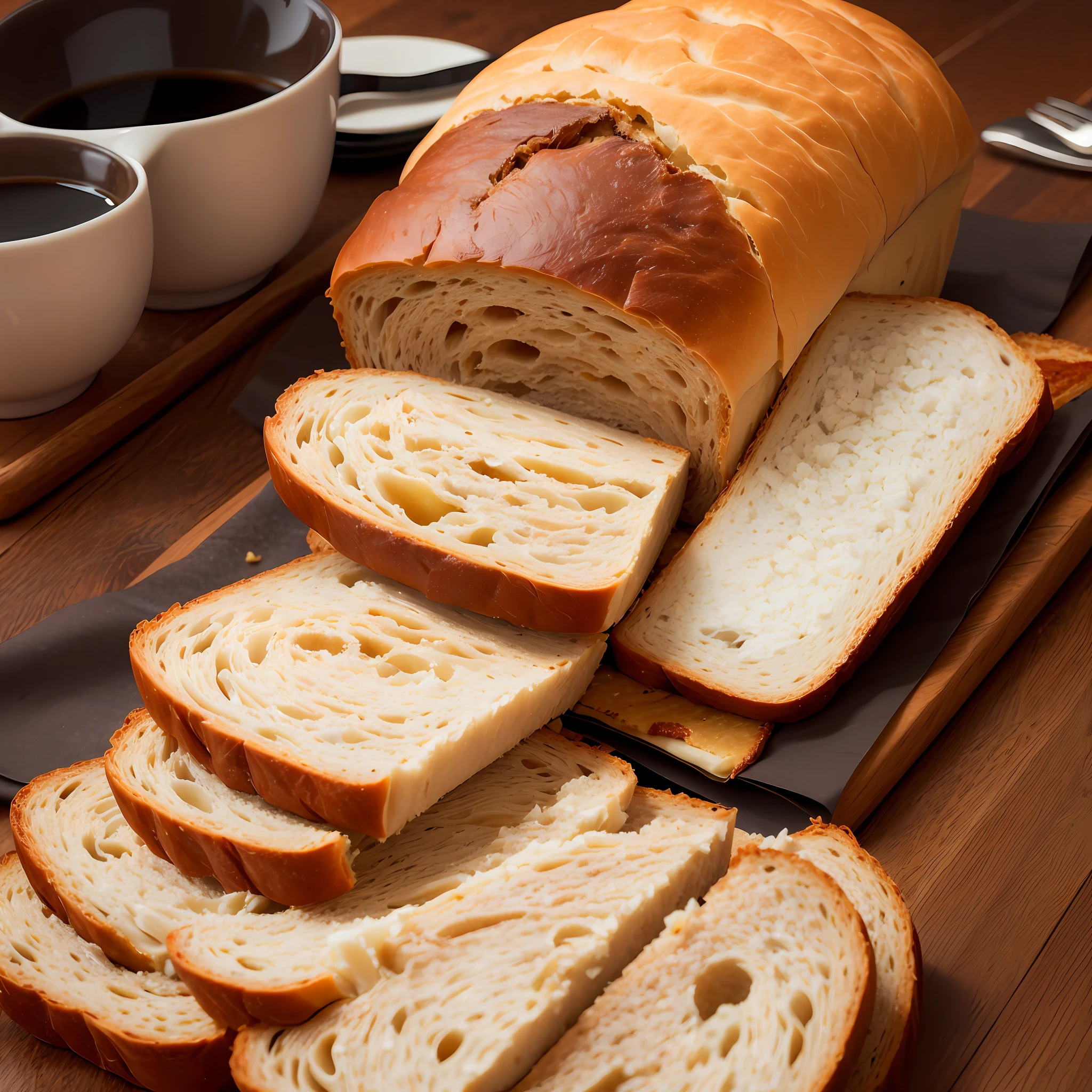 Best quality, super high resolution, (photorealism: 1.4), super detailed, very detailed, foil packaging, bread, coffee, melted cheese