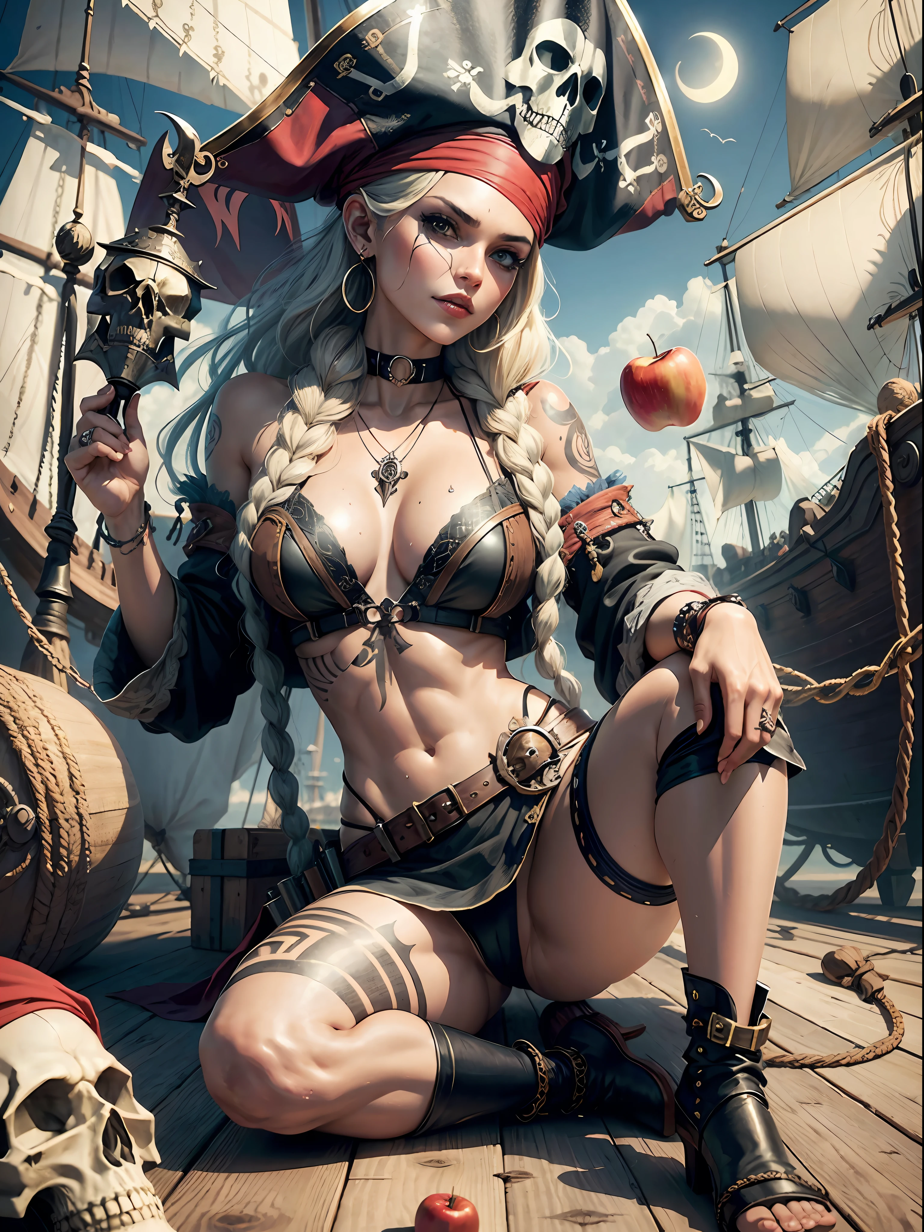 Beautiful Pirate queen on her ship,sexy full body,braided hair,leather hat with skull drawing,eye patch, BREAK tattoo,holding pirate sword,drink,pirate ships,sea,sun,sweat,apple fruit,artwork,3D,4K,Detailed, masterpiece, hyper detailed,best quality, trending on DeviantArt