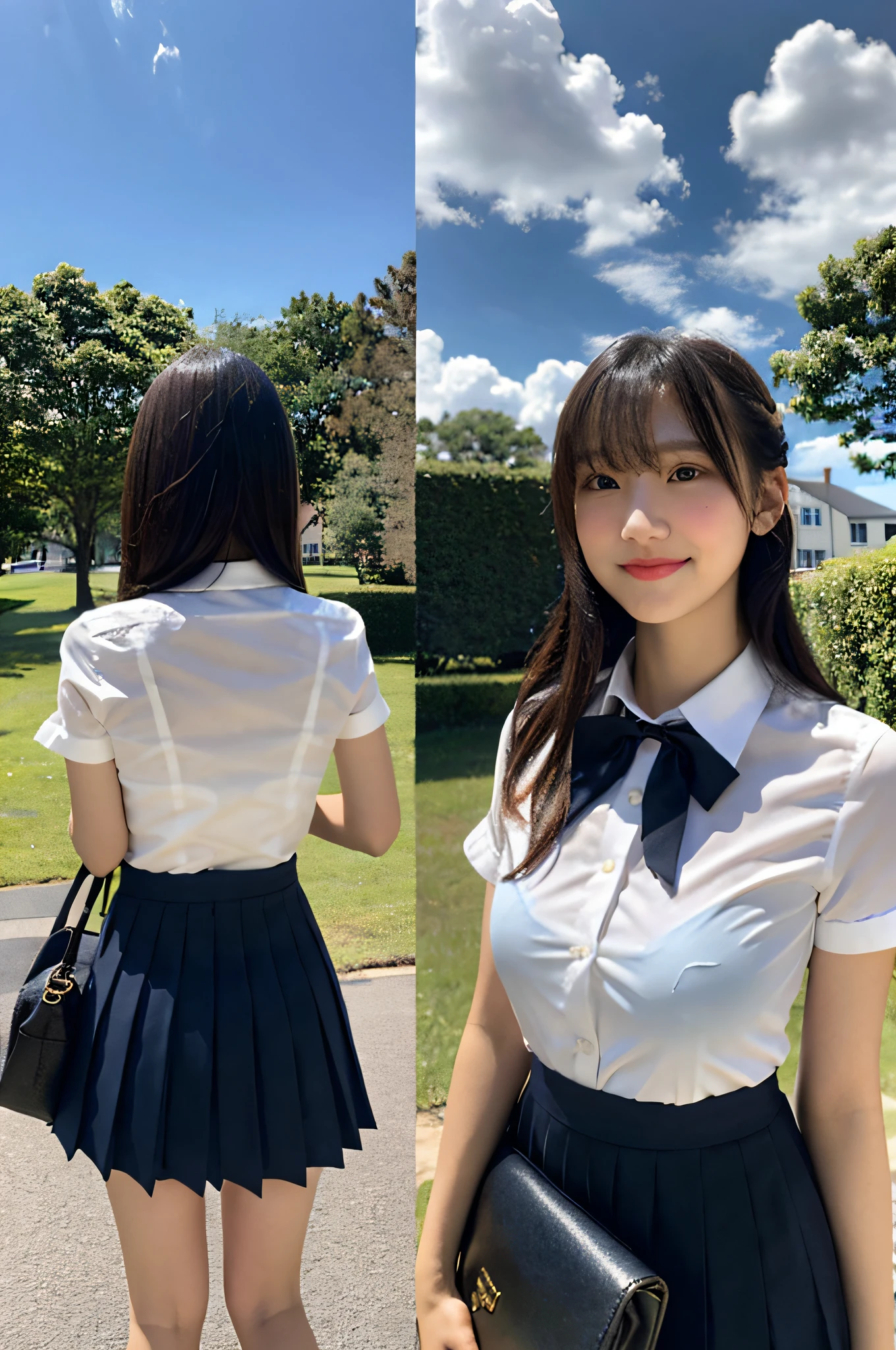 4K, LDR, best quality, masterpiece, high detail, super high resolution, digital photography, bangs, film lighting, (Fujifilm color:1.2) portrait, wide angle view, professional, (photography: 1.2), (dynamic pose: 1.1), (close up), 1 girl, solo, slightly smiling, delicate face, medium breasts, wide hips, classic wavy long hair, (FSB:1.4), (Frosuke: 1.4), white shirt, ((BREAK black bra)),bow, navy blue pleated skirt, school uniform, school bag, short sleeves, bangs, outdoor, sky, collared shirt, collarbone, blurred background, look to the side, sky, dress shirt, blue sky, clouds