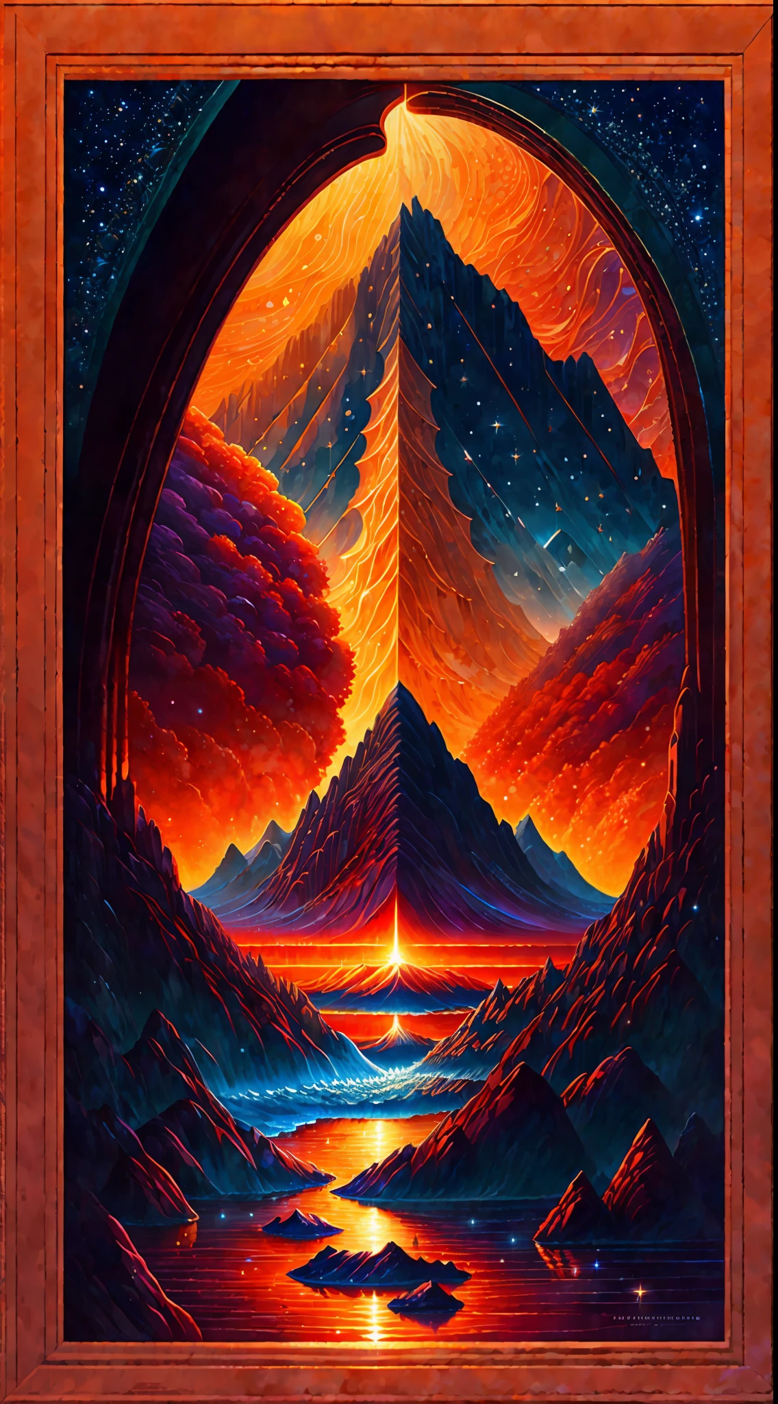 A beautiful Earth full of water and lava, intricate, masterpiece, expert, very detailed, 4k, composition, frame, center, symmetry, painting, intricate, volumetric lighting, beautiful, rich dark masterpiece, sharp focus, ultra-detail, in the style of Dan Mumford and Marc Simonetti, astrophotography