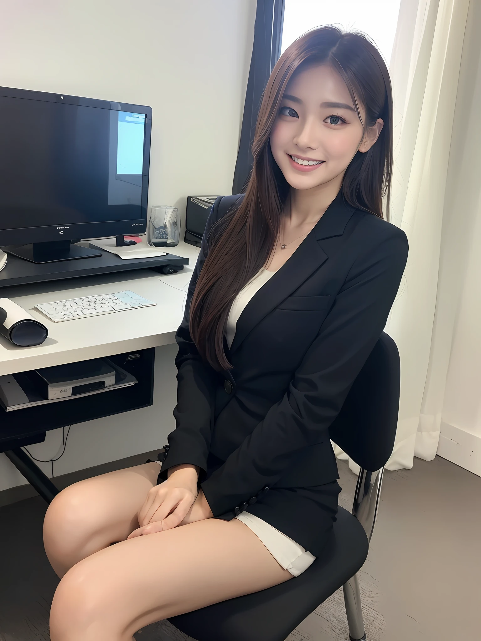 (A GIRL: 1.6), (lora:russianDoll:0.4), (lora:TaiwanDoll:0.4), (best quality, 8k, masterpiece: 1.3), focus 1.2, perfect body beauty: 1.4, highly detailed face and skin texture, delicate eyes, double eyelids, whitened skin, long hair split edges, (round face: 1.4), looking at the audience, leaking teeth and laughing, sitting next to the audience, window, (Full body: 1.1), secretary, assistant, black business suit, (standing), (high heels), tight skirt, sitting in skyscraper office using computer, computer, printer, desk, office chair, document, folder, computer, laptop, mobile phone, teacup