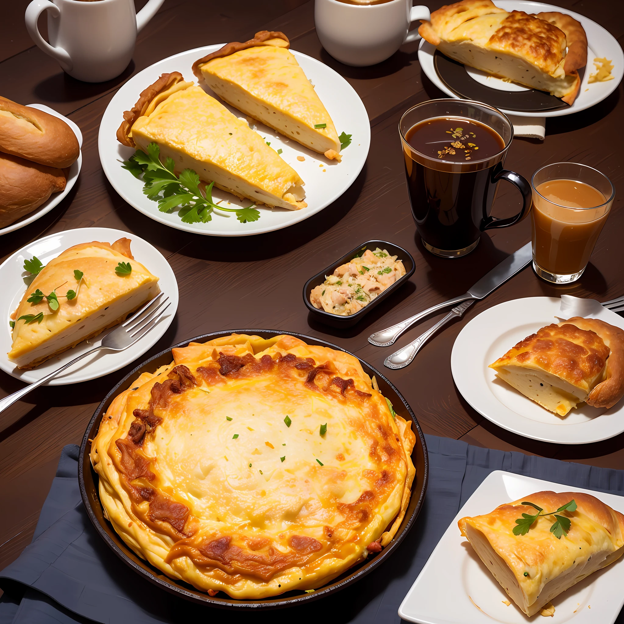 Best quality, super high resolution, (photorealistic photorealism: 1.4), super detailed, very detailed, foil wrapped, cheese omelet, bread, coffee, melted cheese